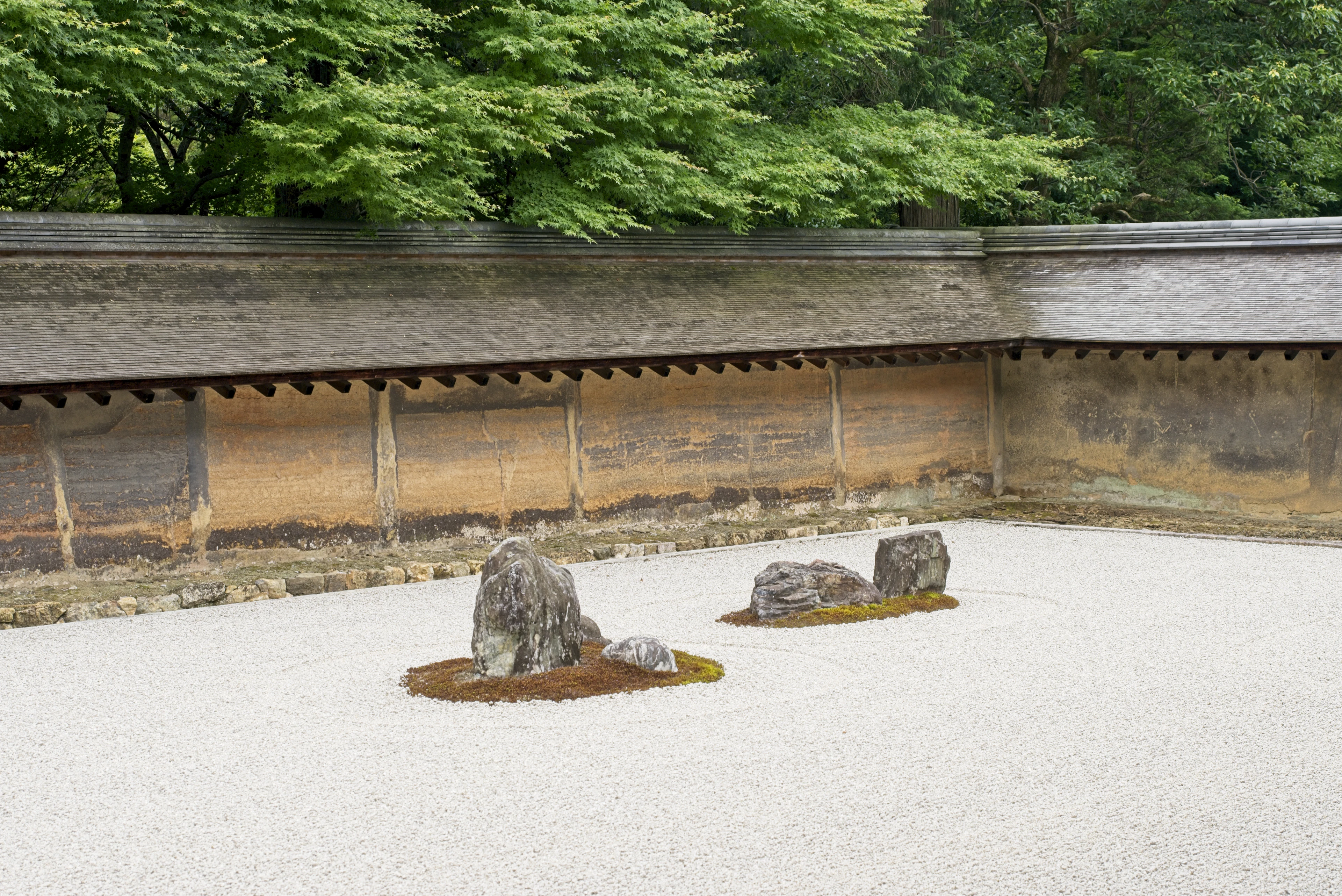 The raked white gravel and moss-ringed standing stones of the Zen garden at Ryoan-ji in Kyoto, enclosed by its weathered oil-stained clay wall and a screen of green maples.
