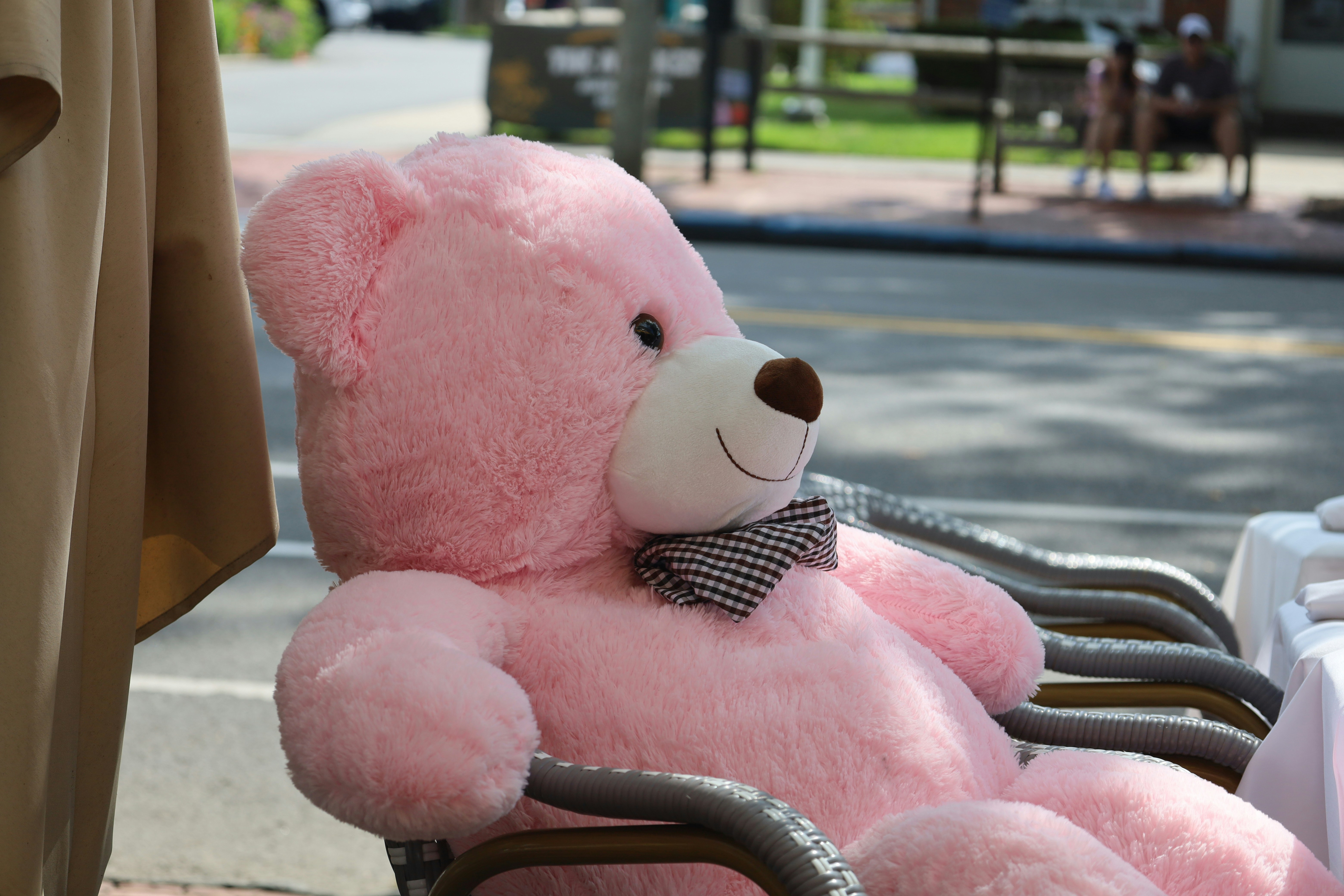A large pink teddy bear with a checkered bowtie sitting on a patio chair
