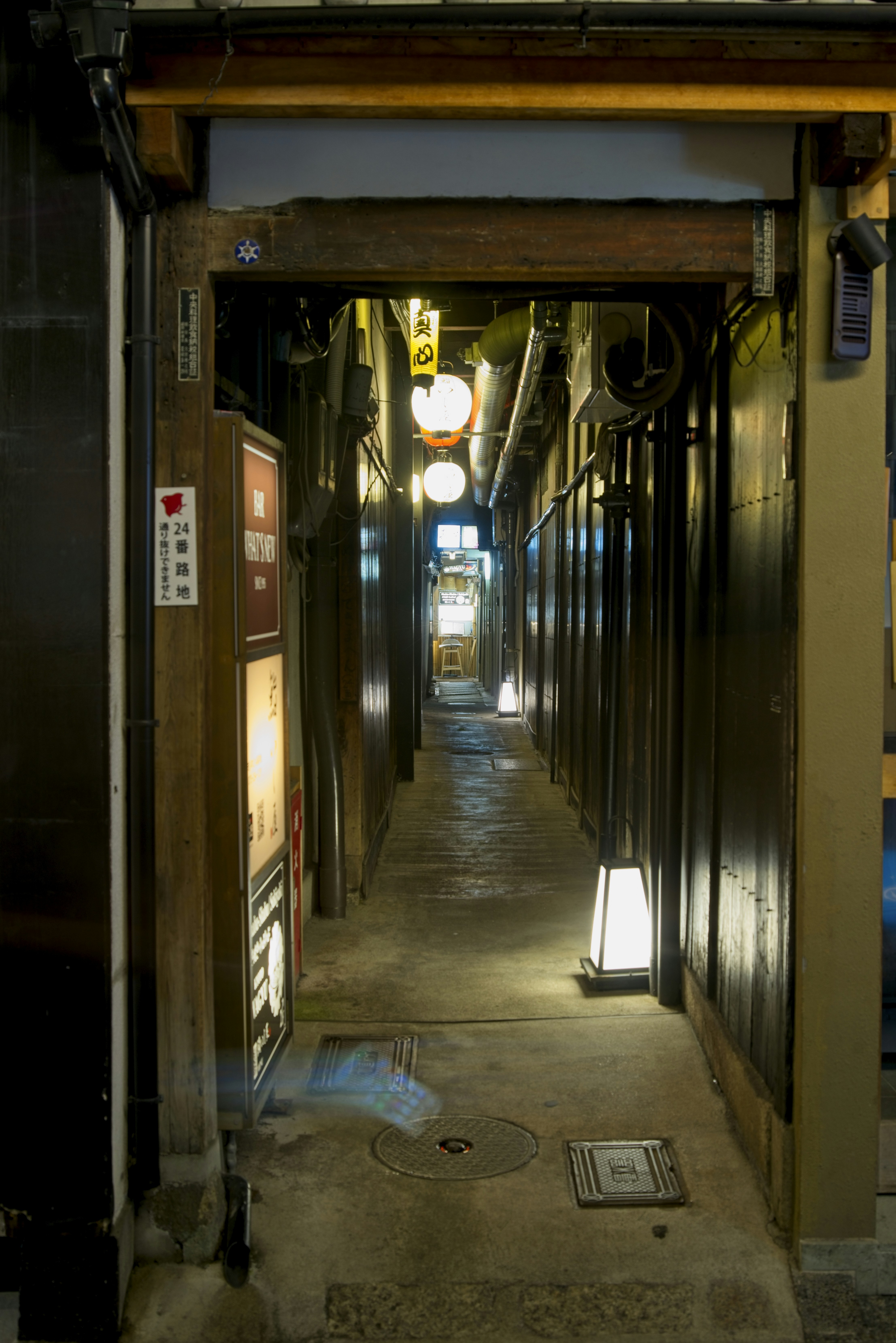 A covered lane lined with paper floor lanterns, the light running away from the camera to a lit end