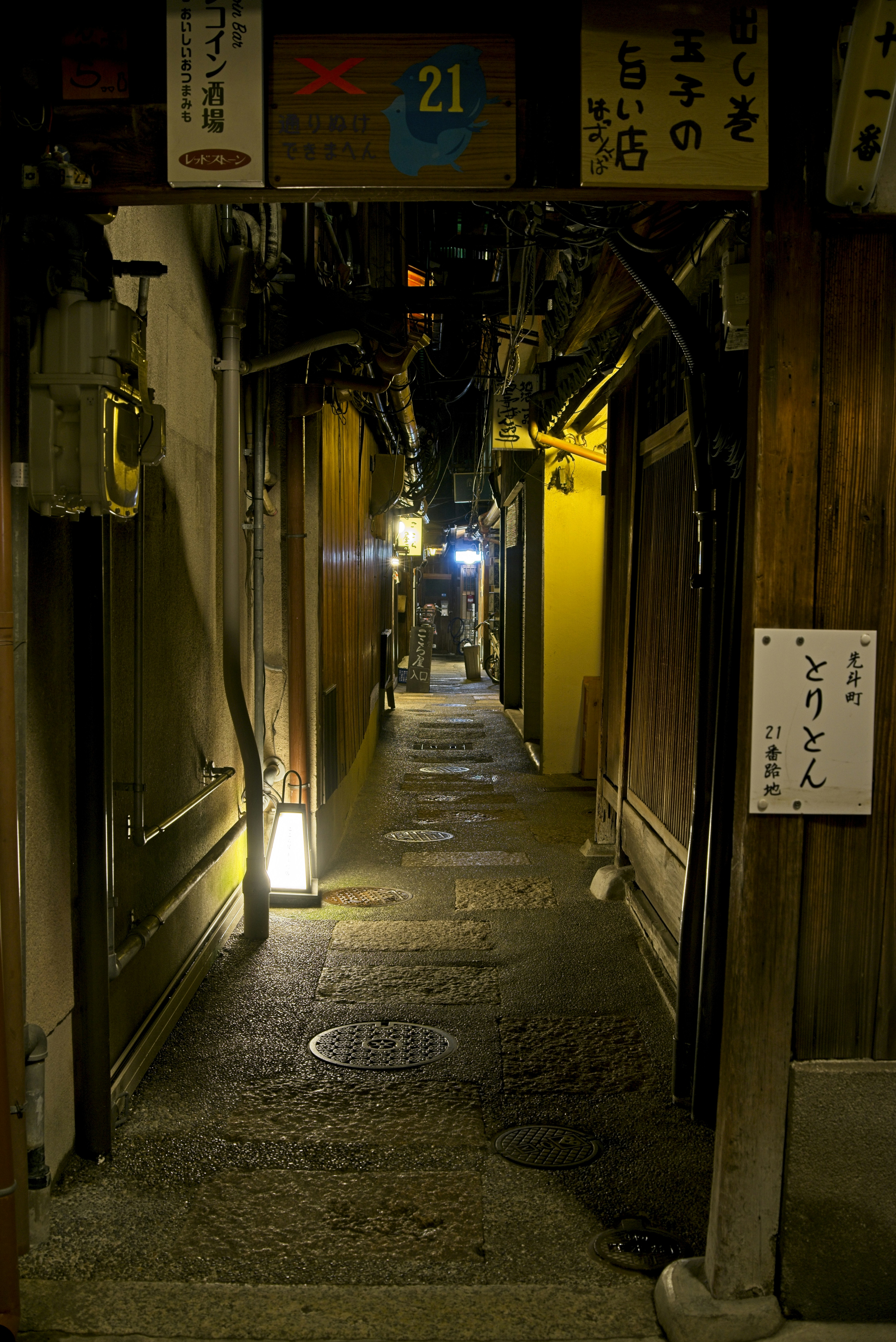 A lane with lit signs down both walls and wet stone underfoot