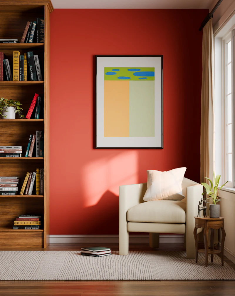 Sala real com poltrona creme e estante de madeira sobre parede vermelho-mogno