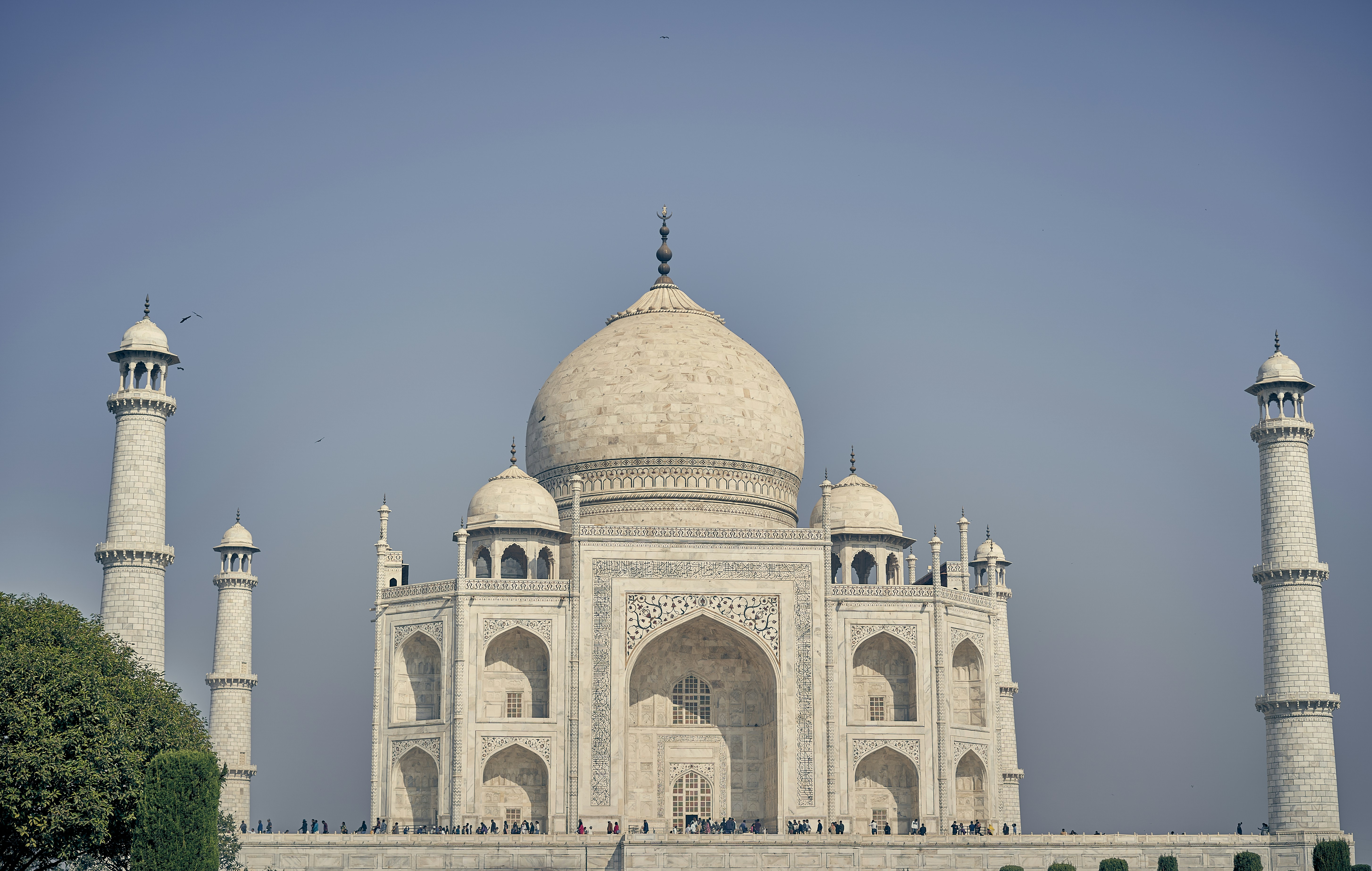 The Taj Mahal with its white marble dome and minarets in Agra, India.