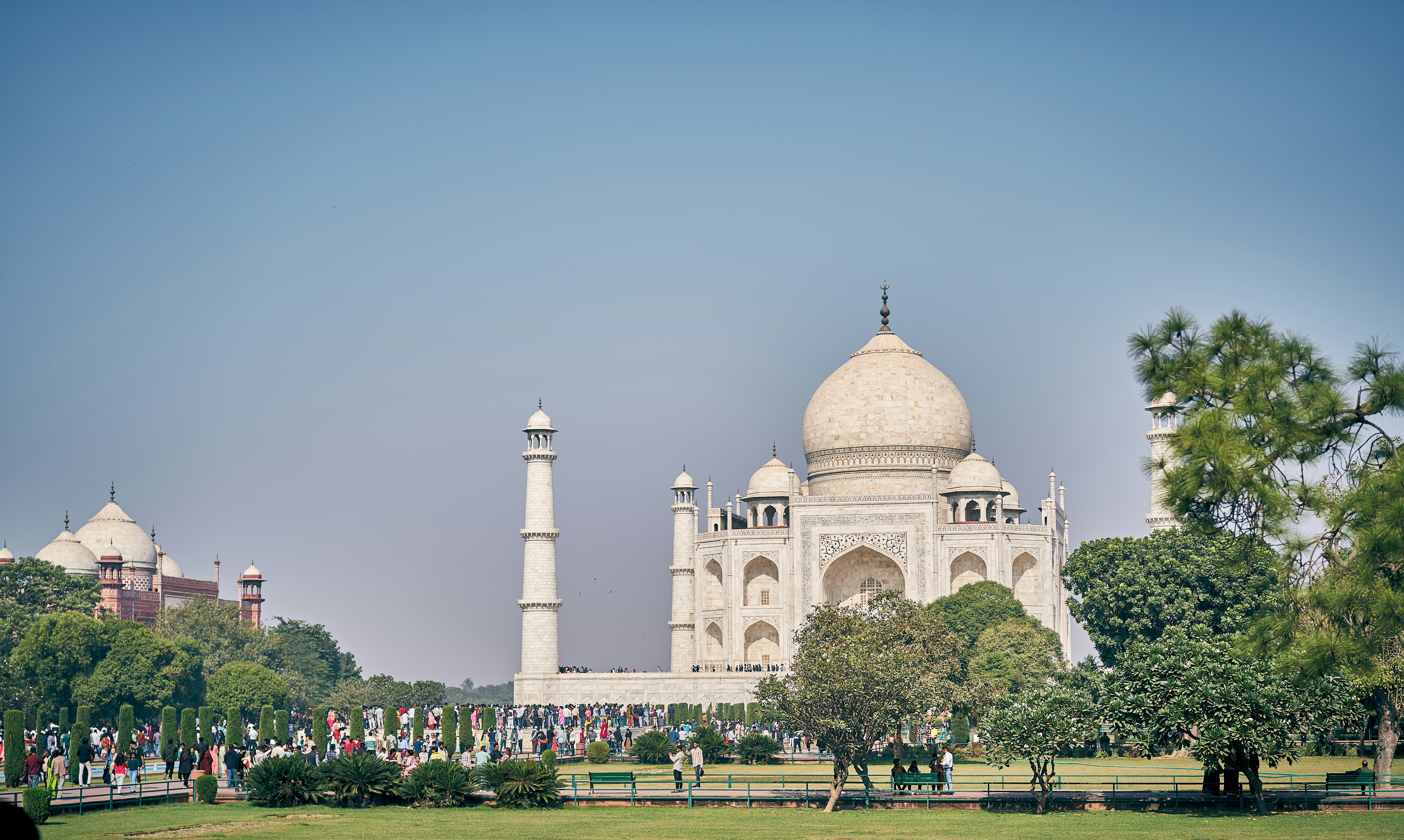 The Taj Mahal with its white marble dome and minarets in Agra, India.