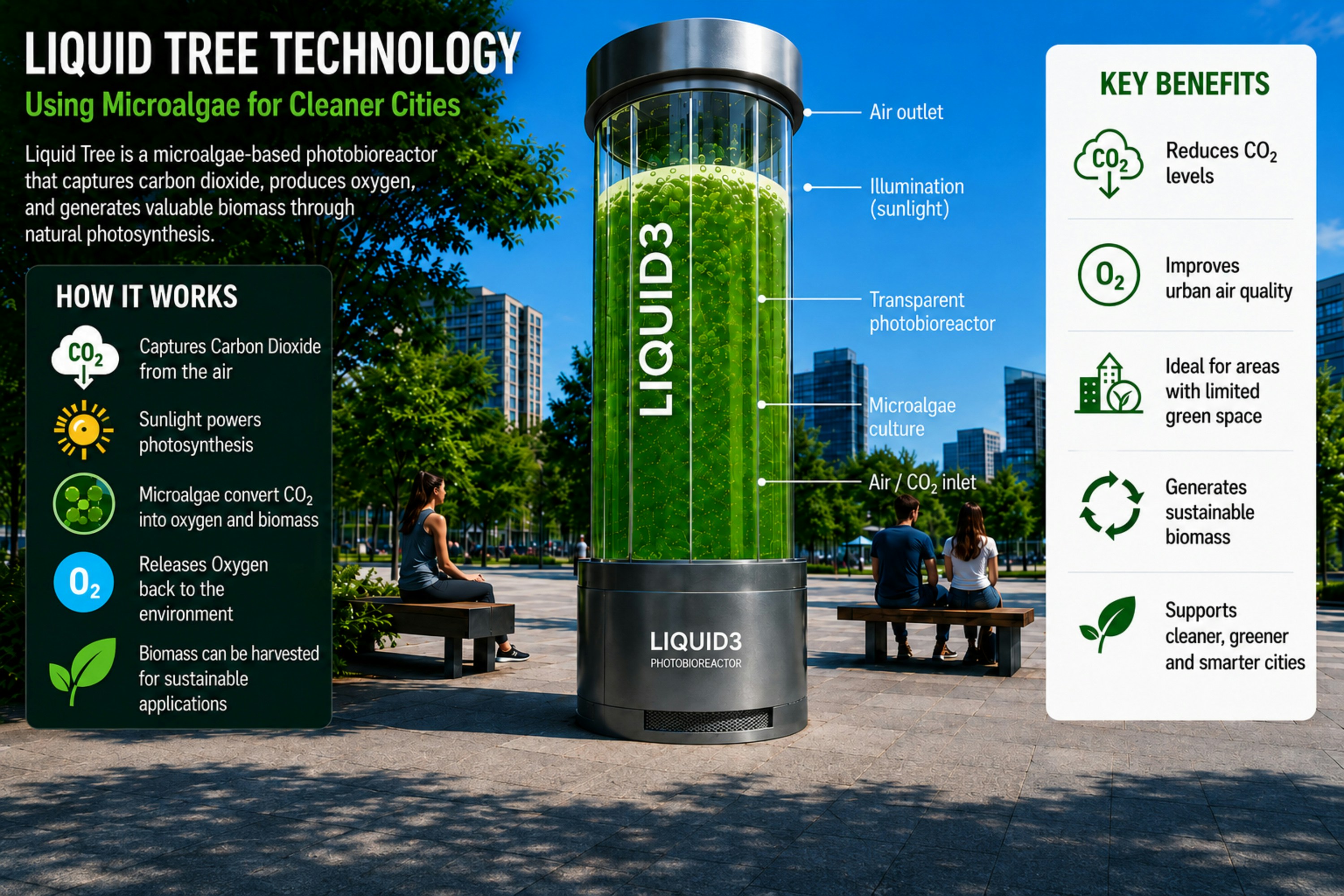 Liquid Tree Technology concept showing a microalgae photobioreactor that uses carbon dioxide and sunlight for photosynthesis, producing oxygen and biomass for cleaner and more sustainable urban environments.