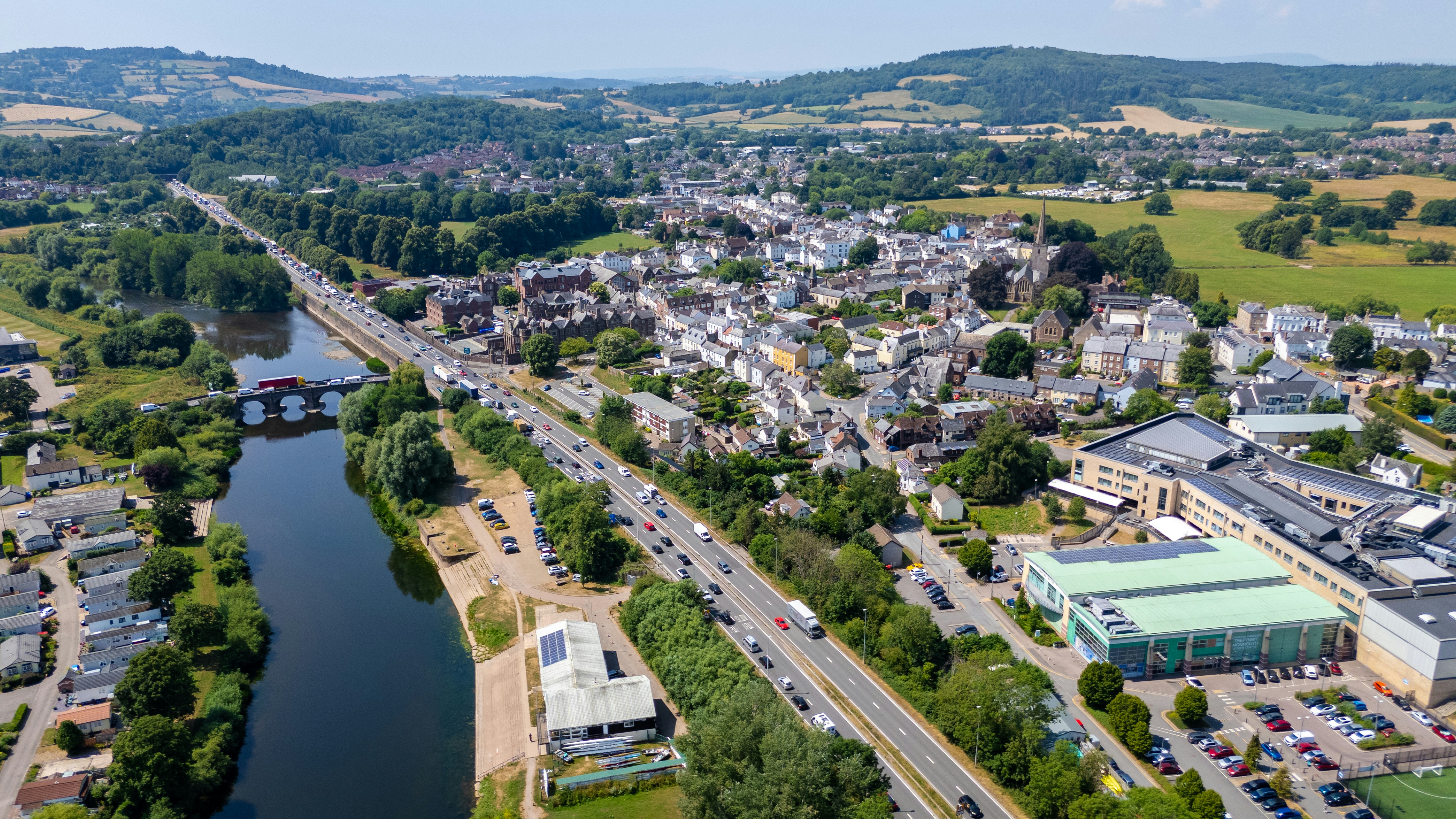An aerial view of the town of Monmouth beside the River Wye in Wales