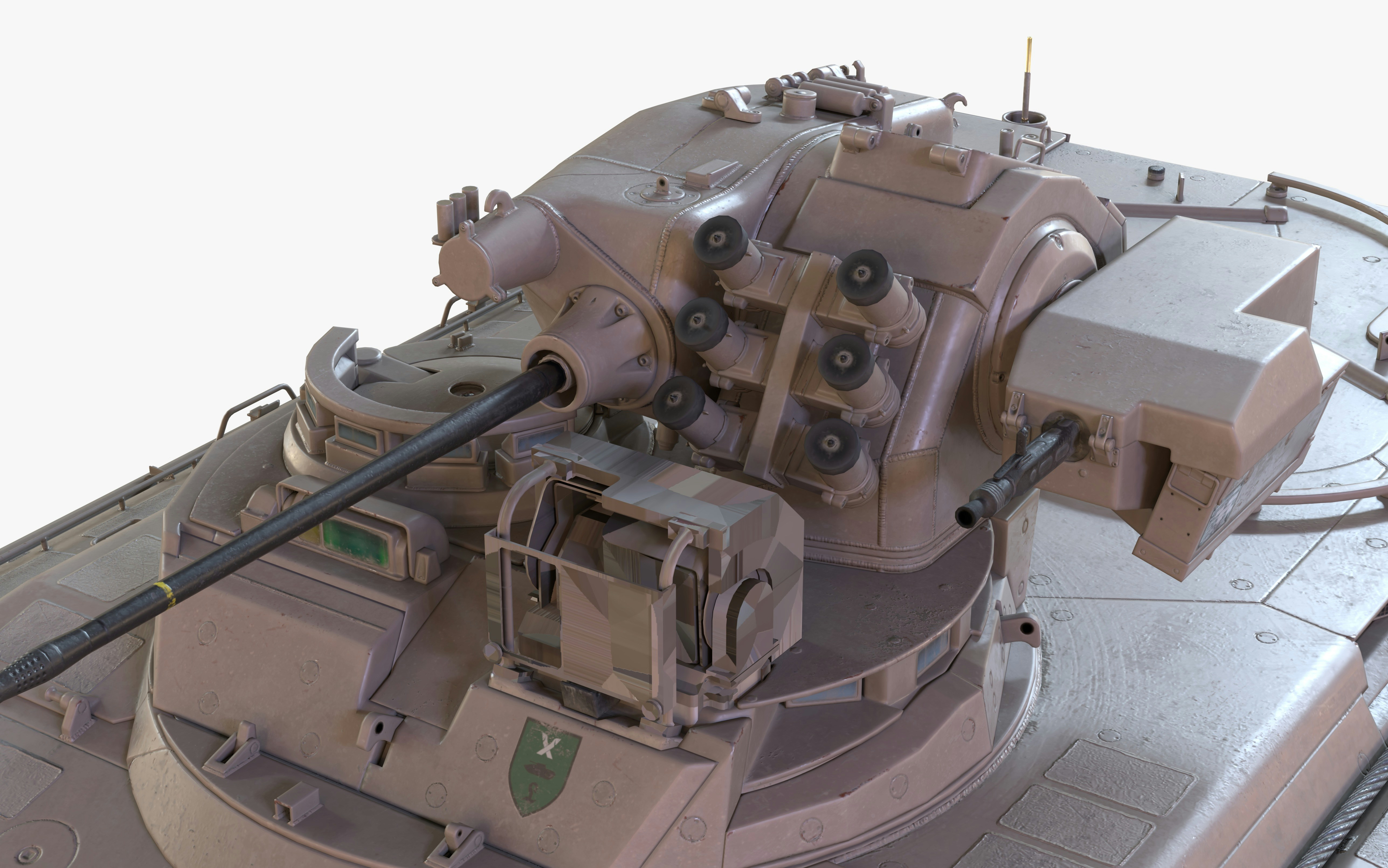 A tan military tank turret with a long cannon and mounted machine gun