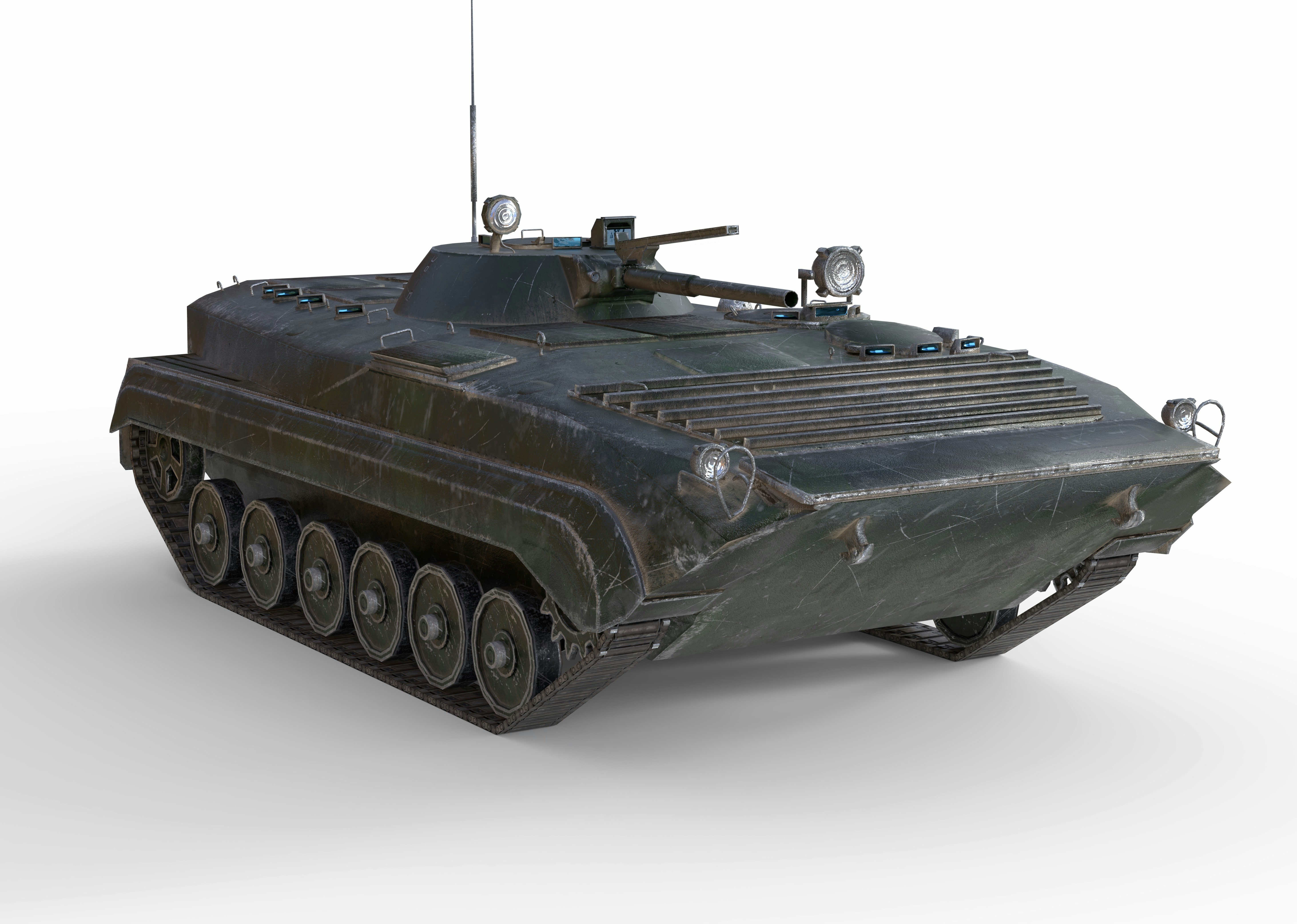 A dark green armored infantry fighting vehicle with tracks on a white background