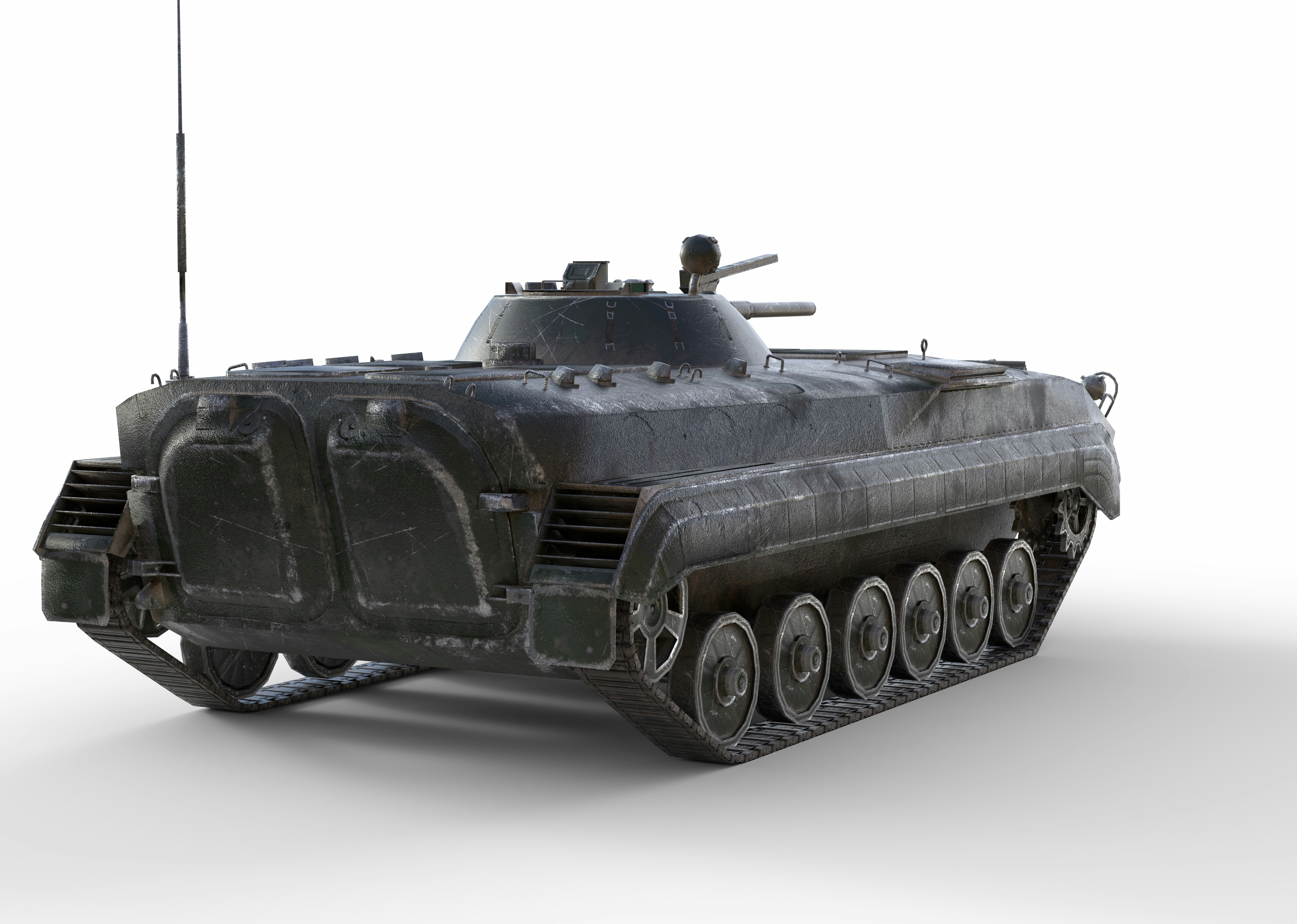 A dark green armored personnel carrier with tracks and a tall antenna