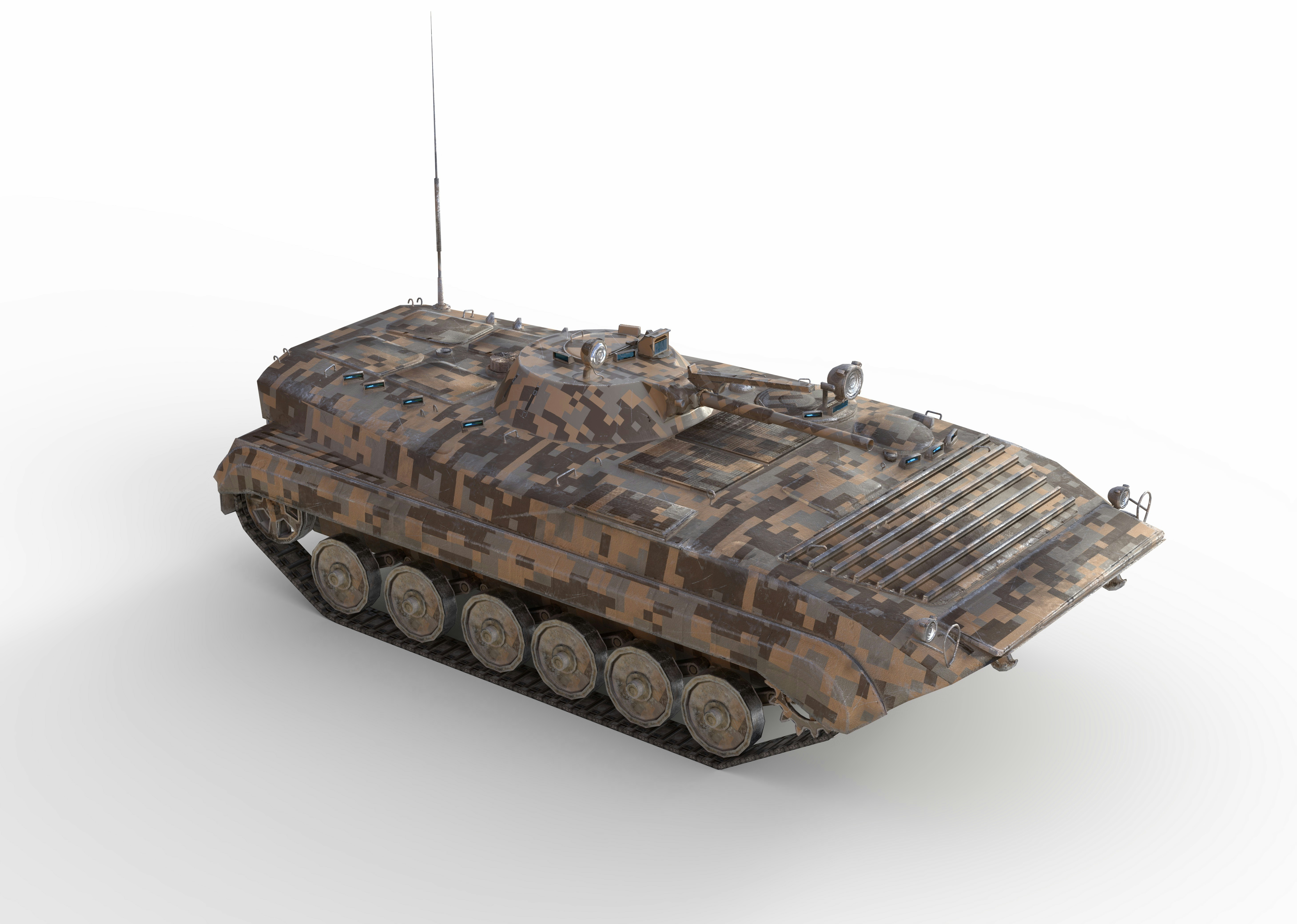 An armored personnel carrier with digital camouflage on a plain white background
