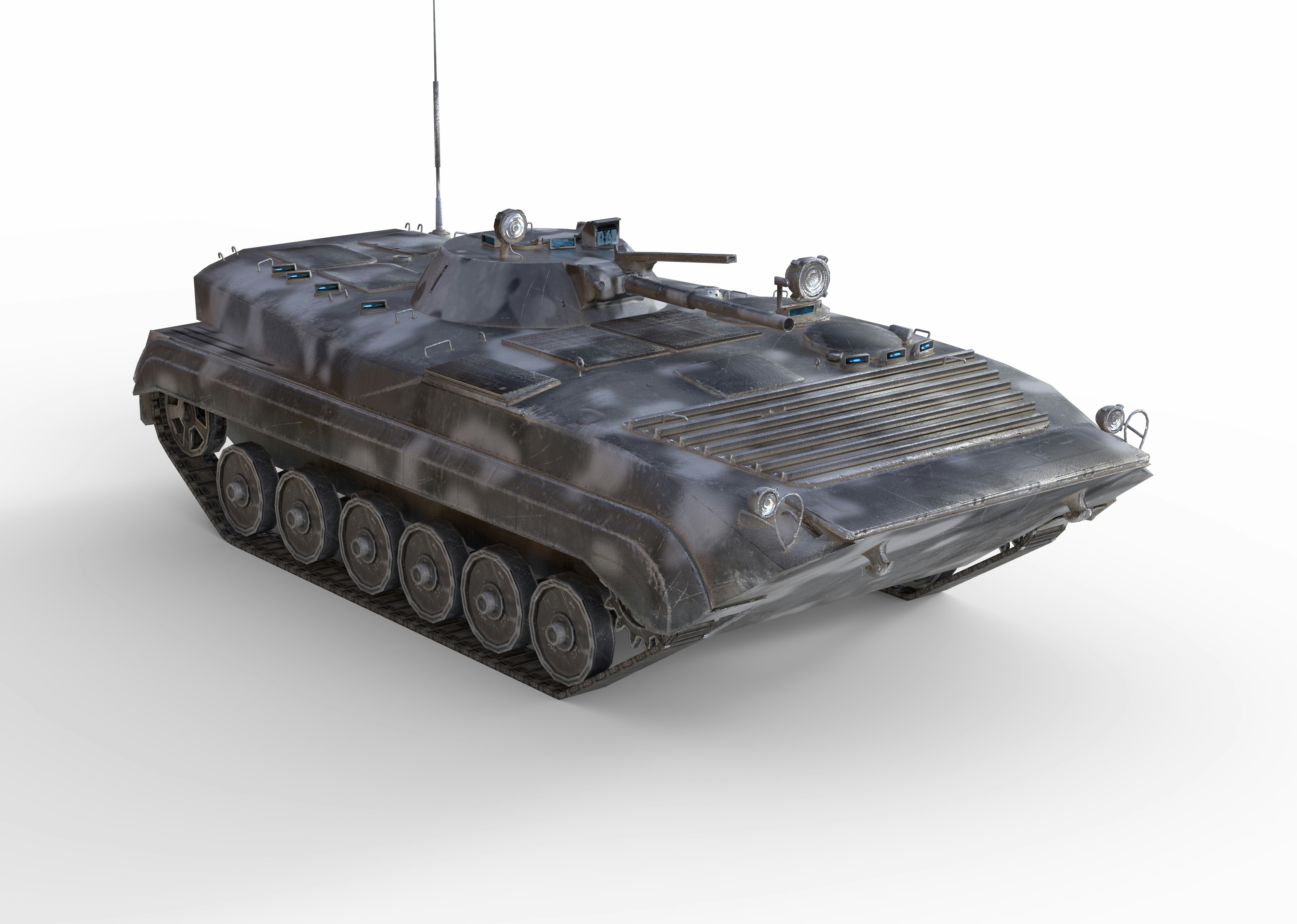 A grey armored military vehicle with tracks and a turret on a white background