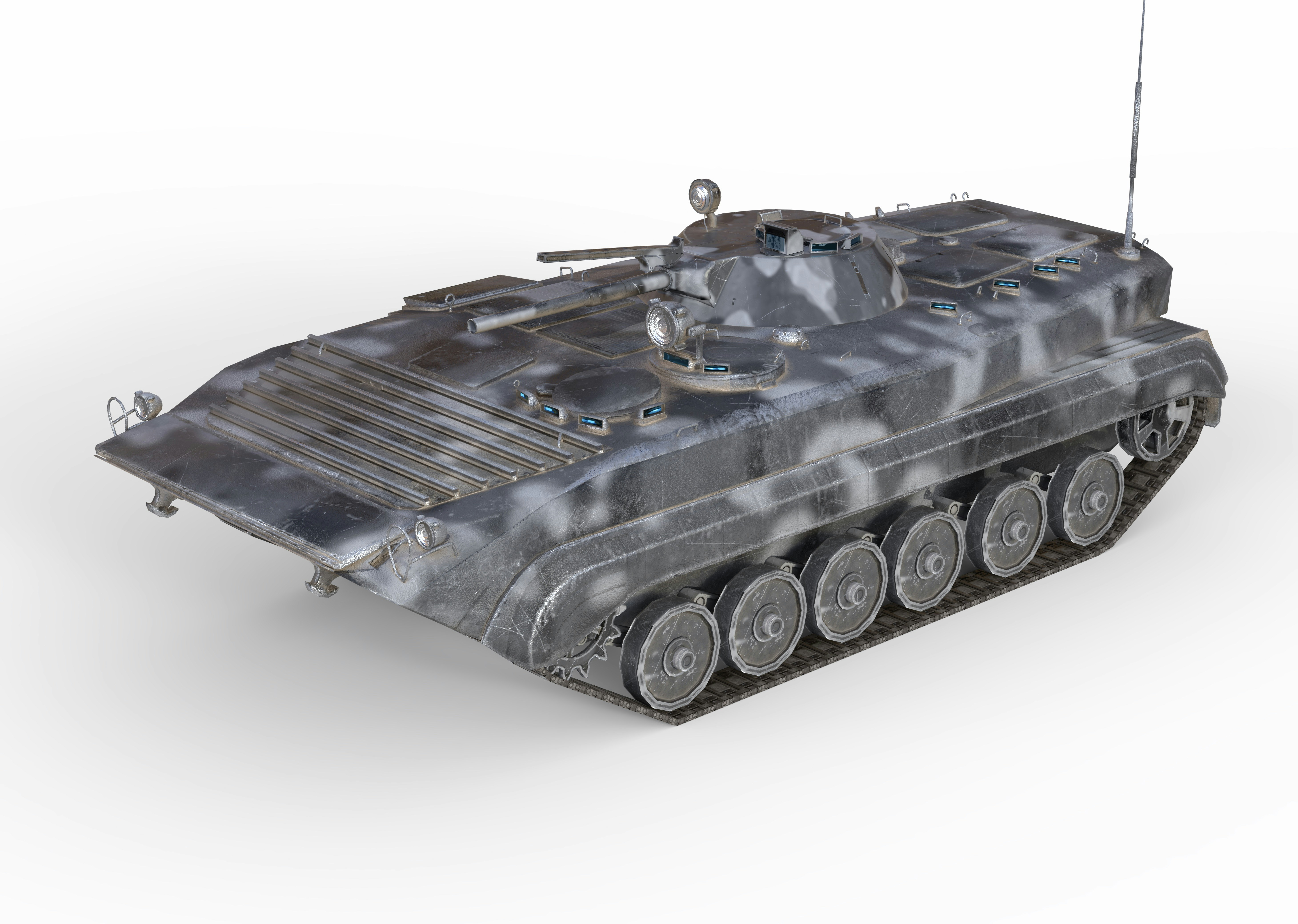 An armored infantry fighting vehicle with grey camouflage on a white background