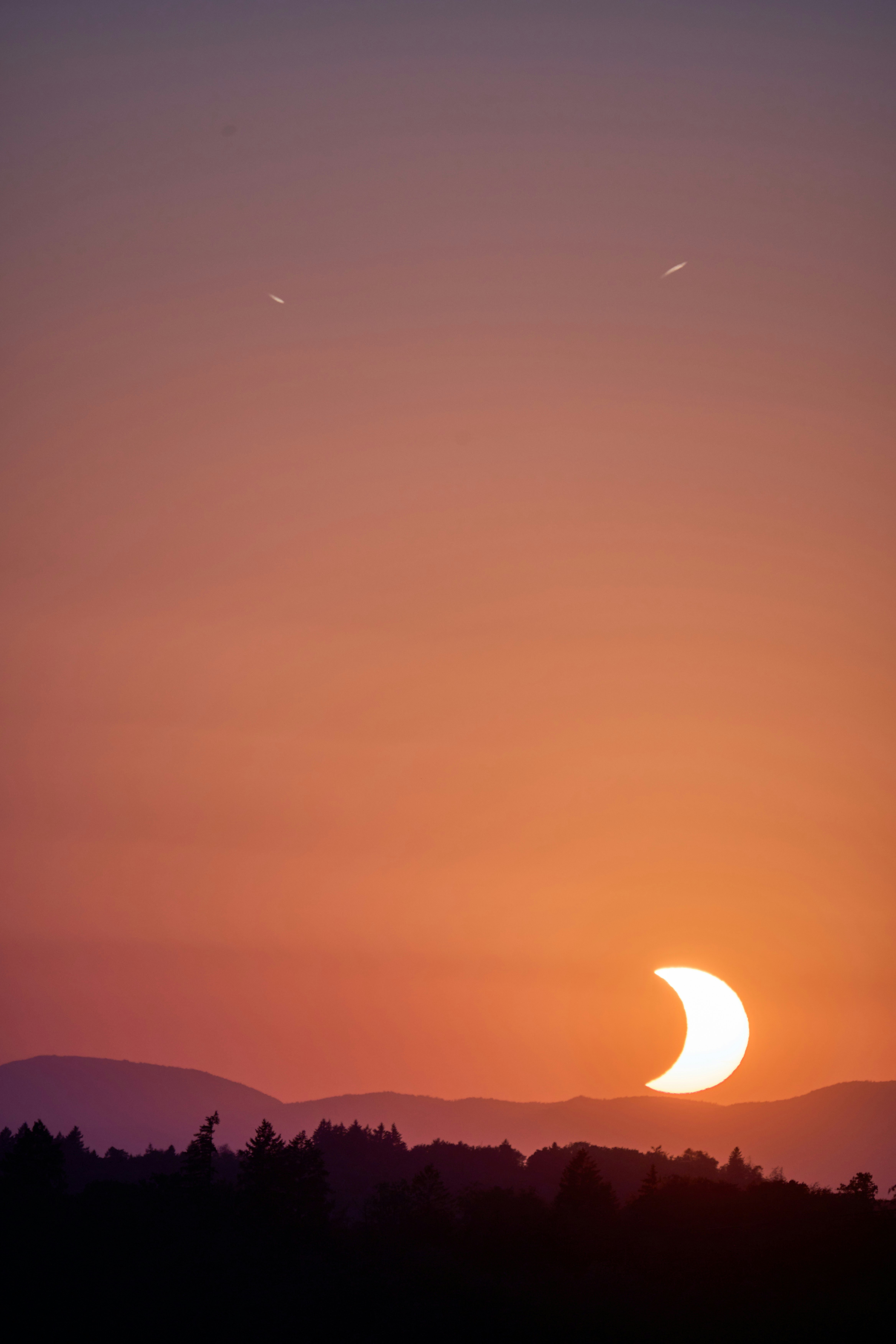 A partial solar eclipse above a dark forest silhouette against a warm orange sky.