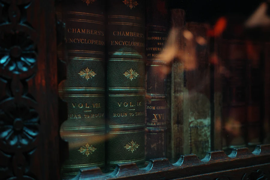 Leather-bound volumes with gold lettering behind glass in an archive