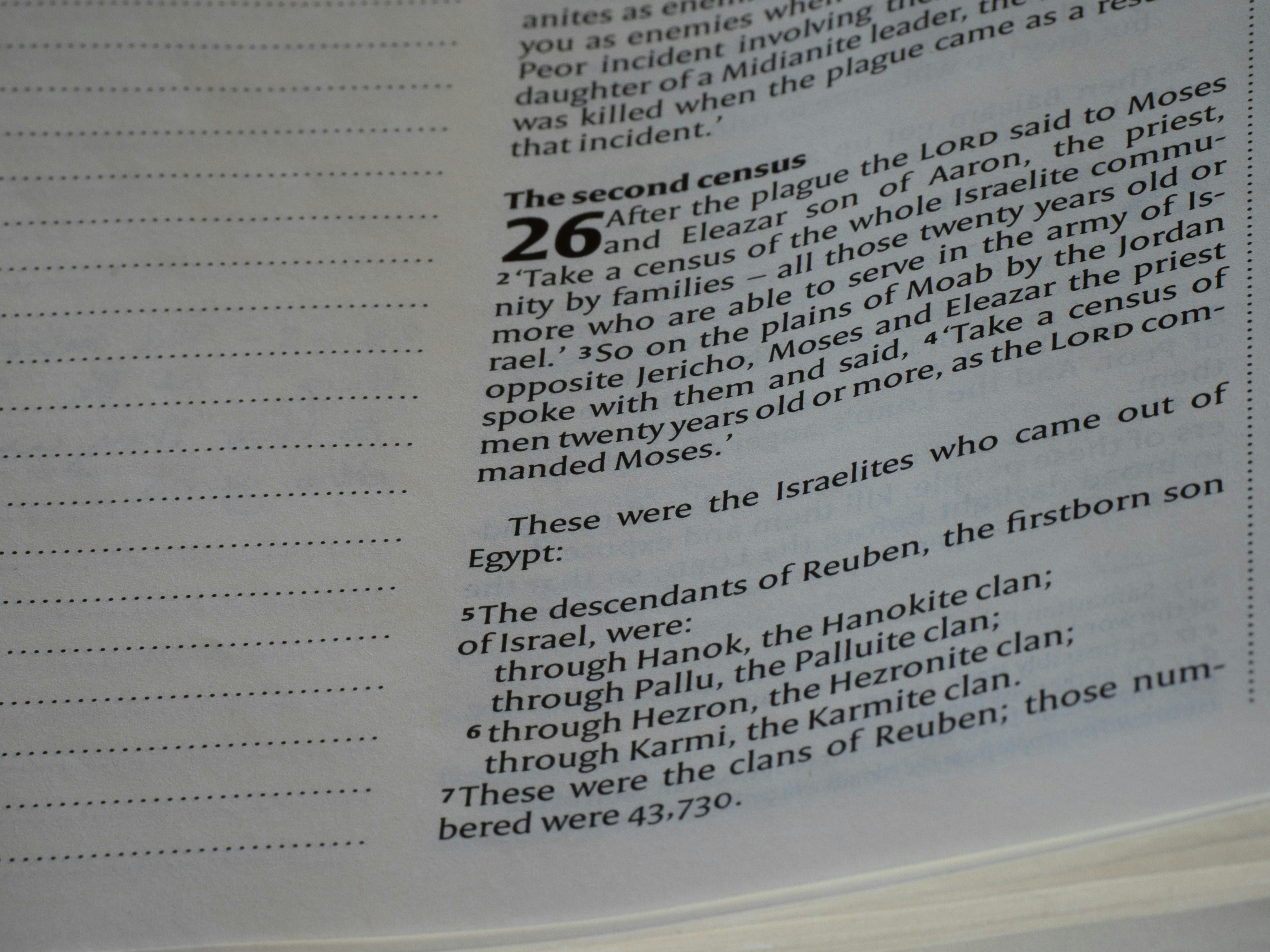 A close-up of printed text from a Bible page showing Numbers chapter 26.