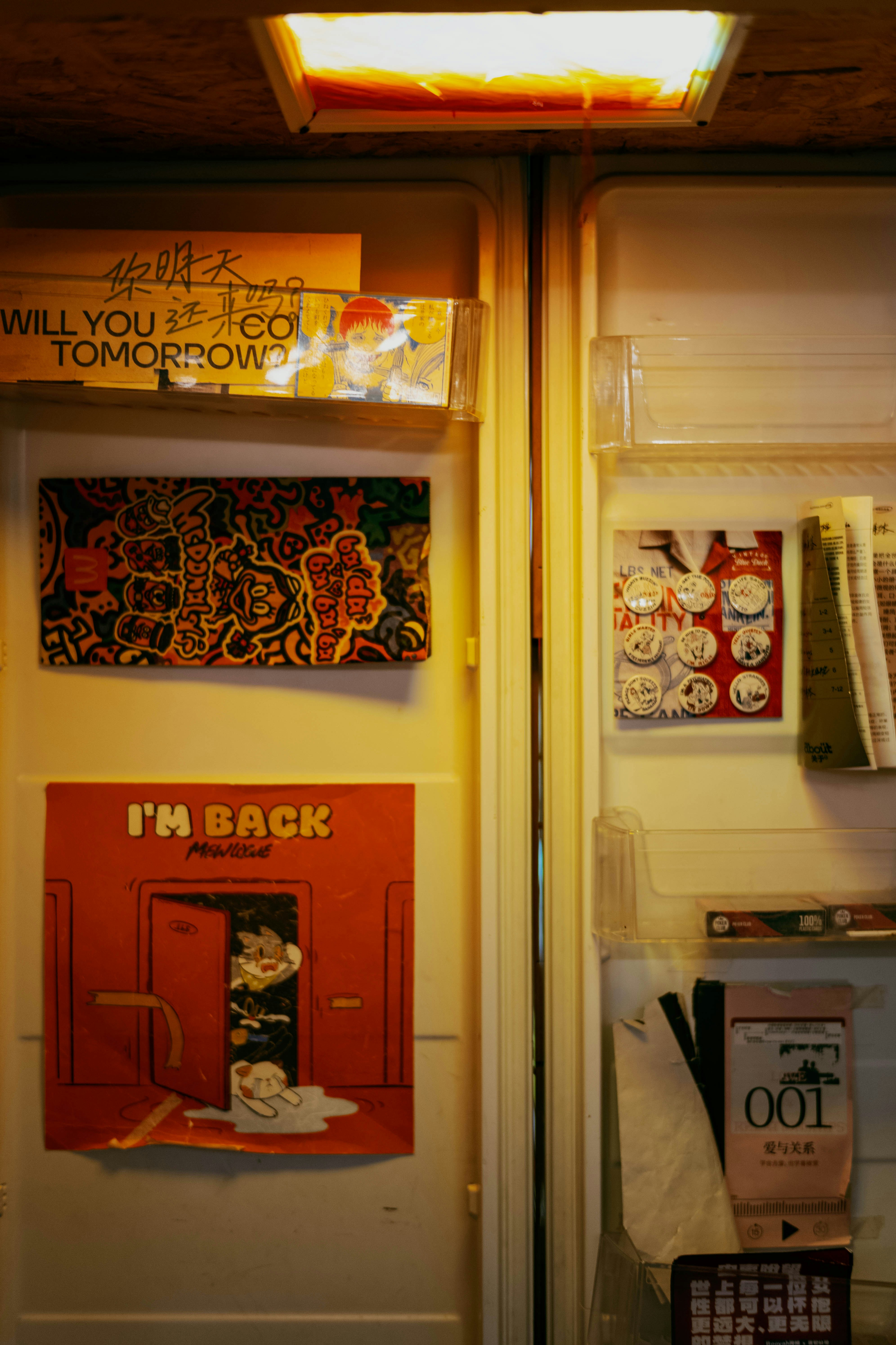 Posters and pins attached to the interior door of a refrigerator.