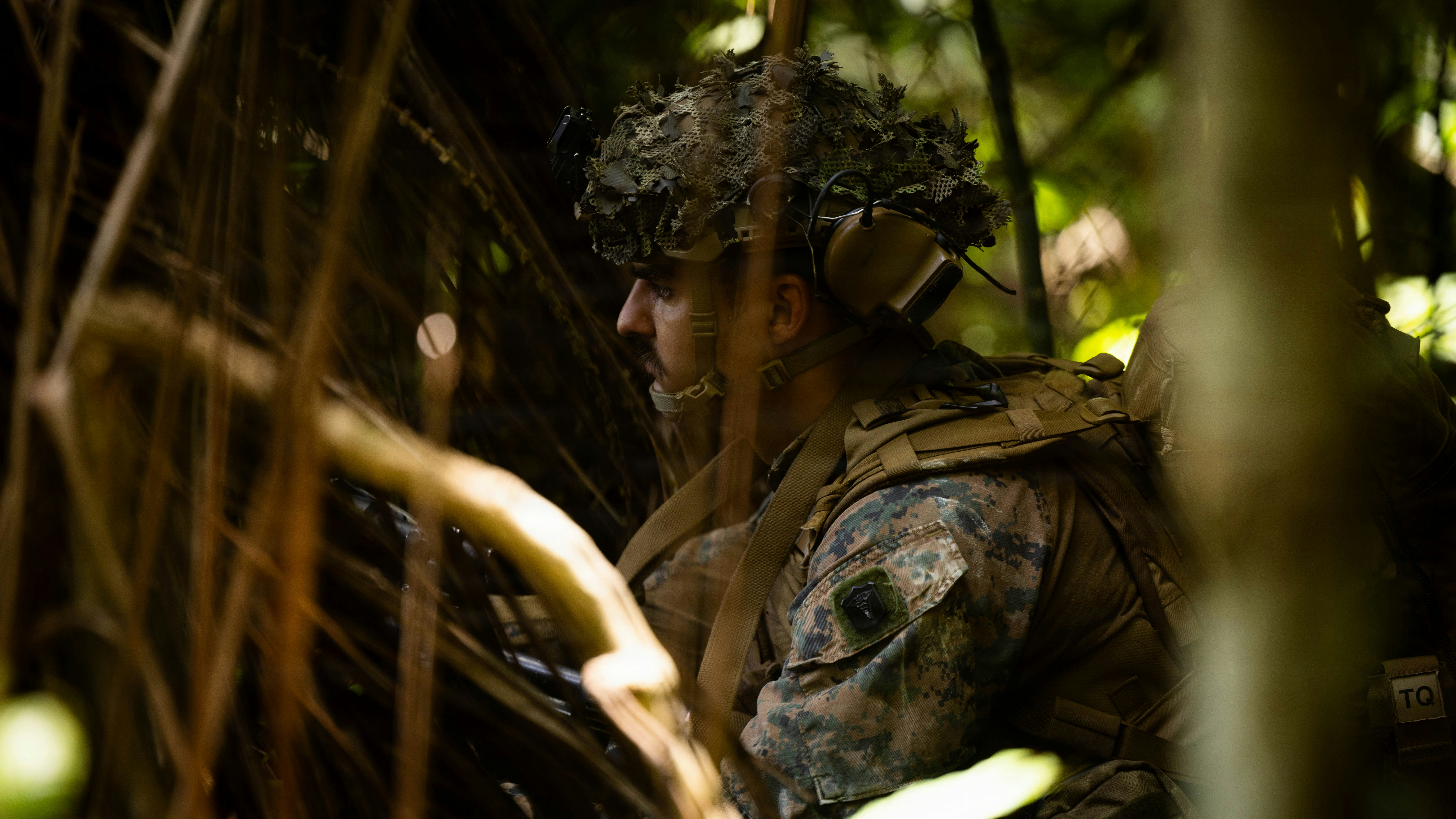 A soldier in camouflage gear and a helmet in a dense forest.