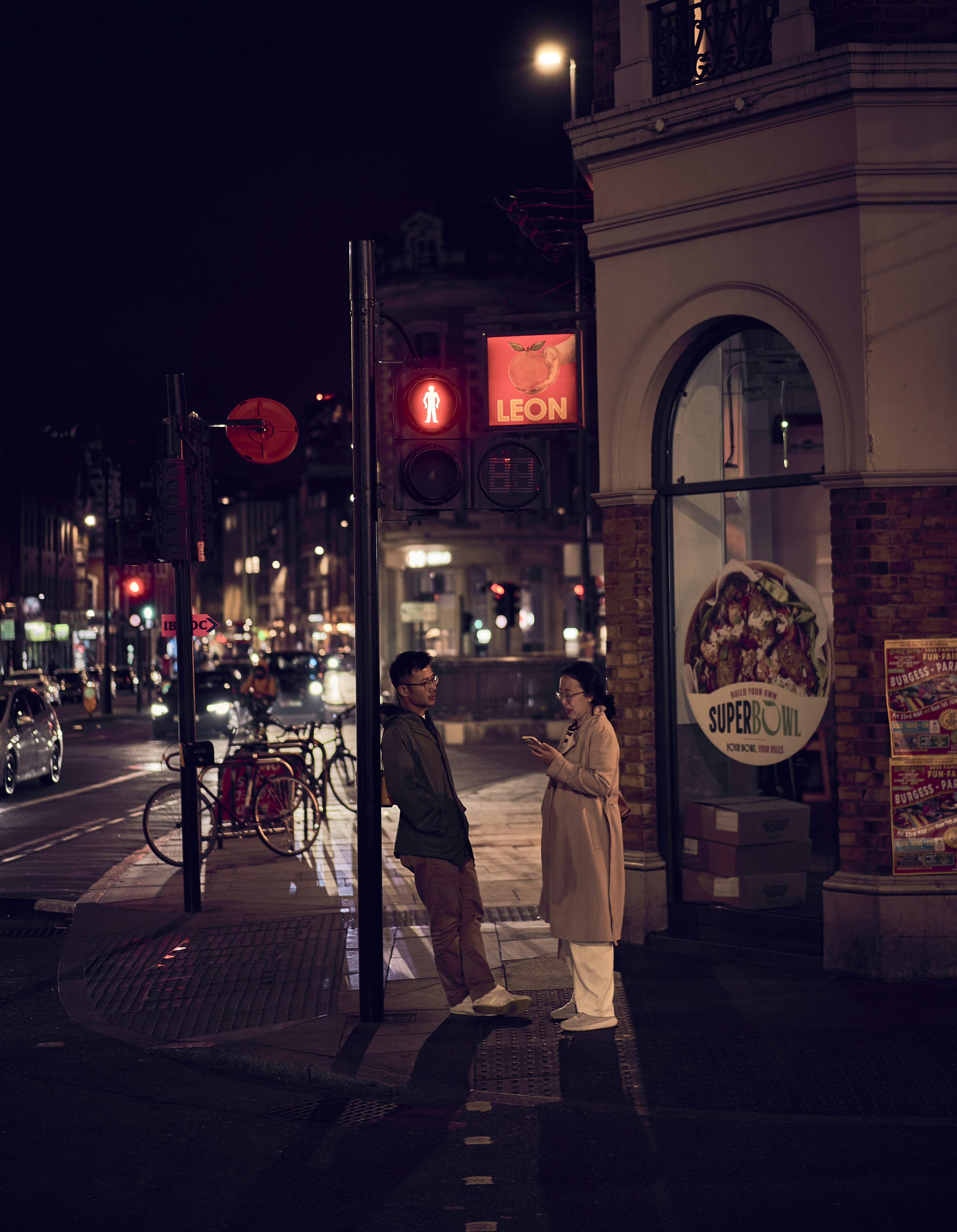 A nighttime street detail in London, England.