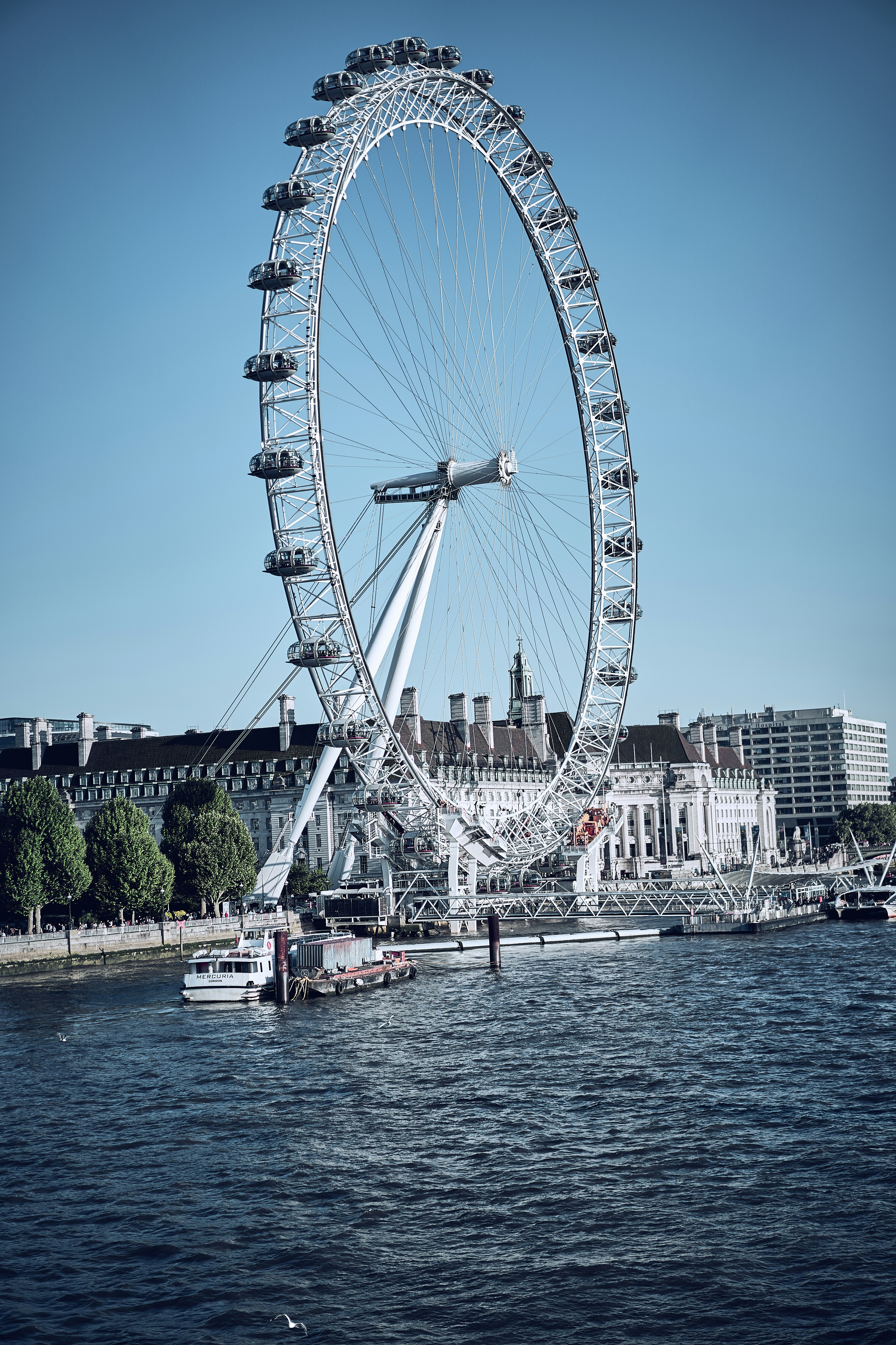 The London Eye and River Thames in London, England.