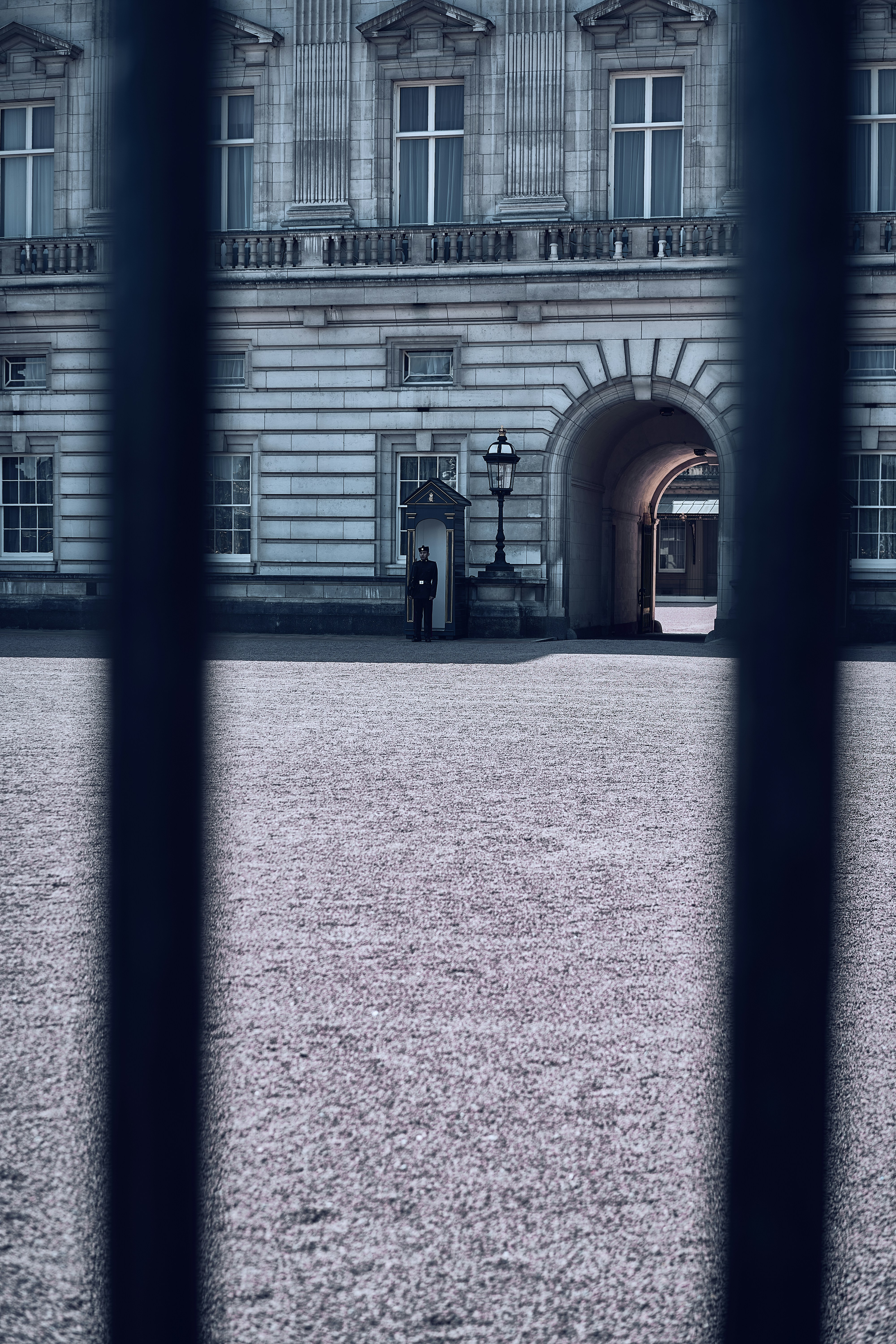 The forecourt and gates of Buckingham Palace in London, England.