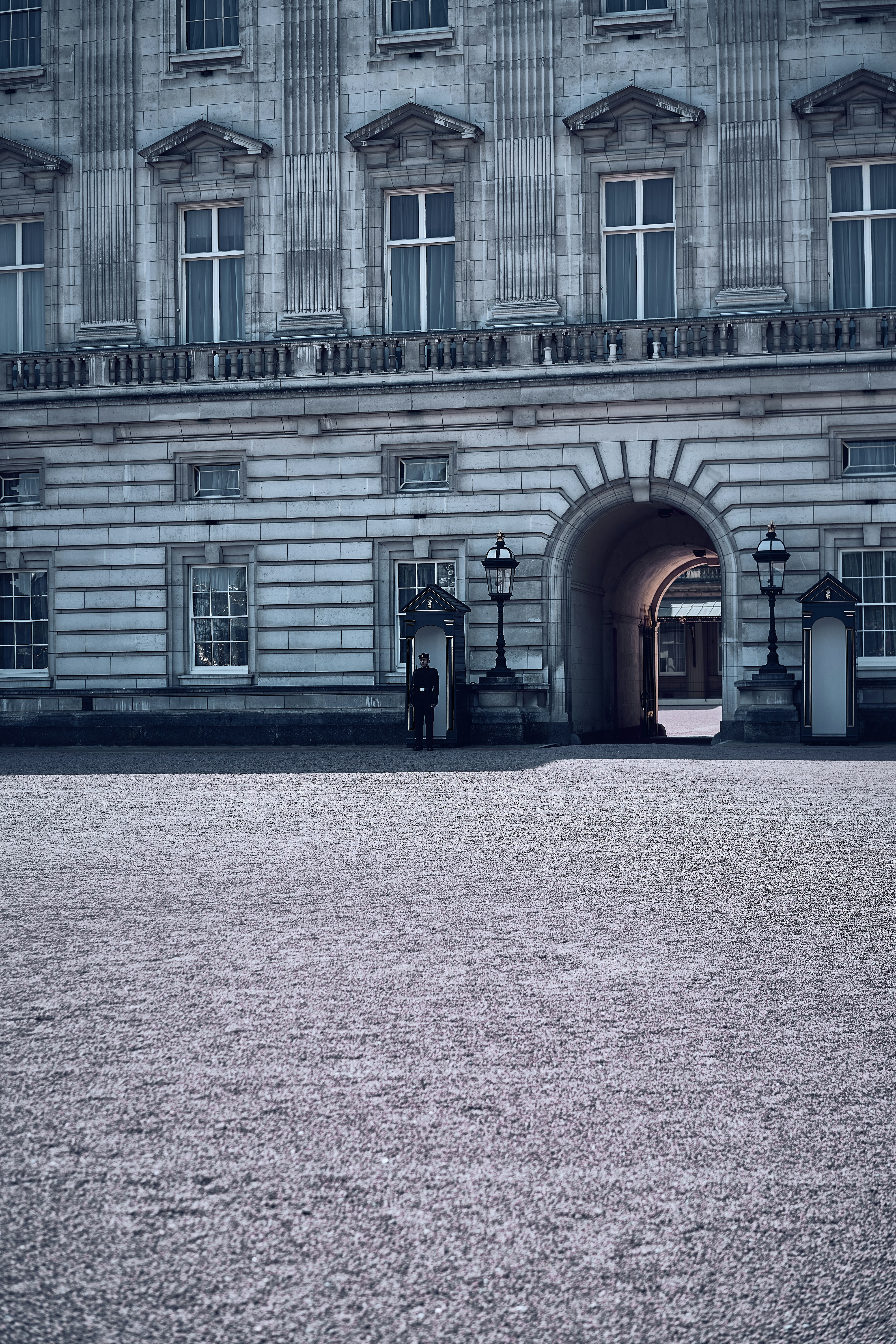 The forecourt and gates of Buckingham Palace in London, England.