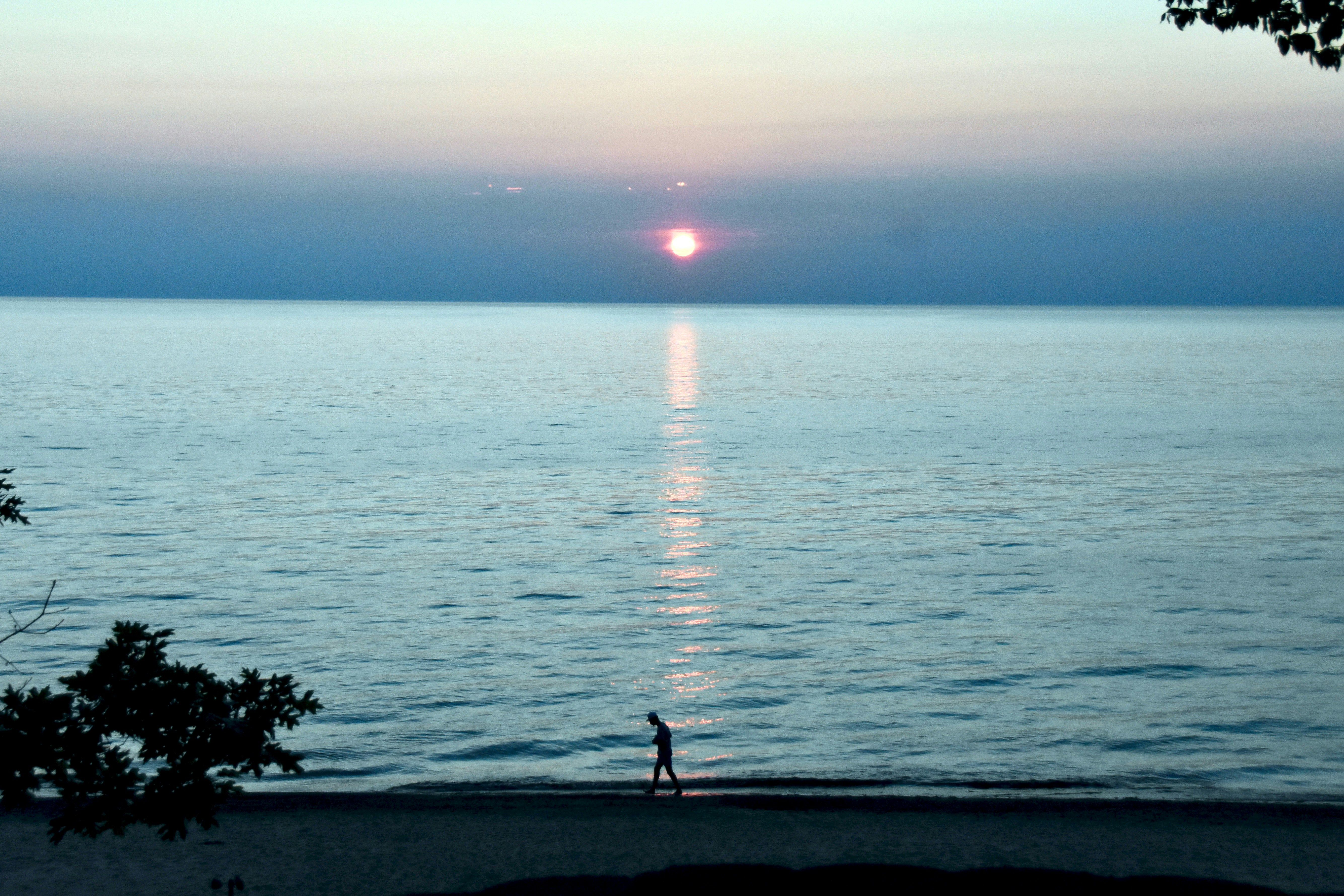 A person walking along a sandy beach under a low sun over water