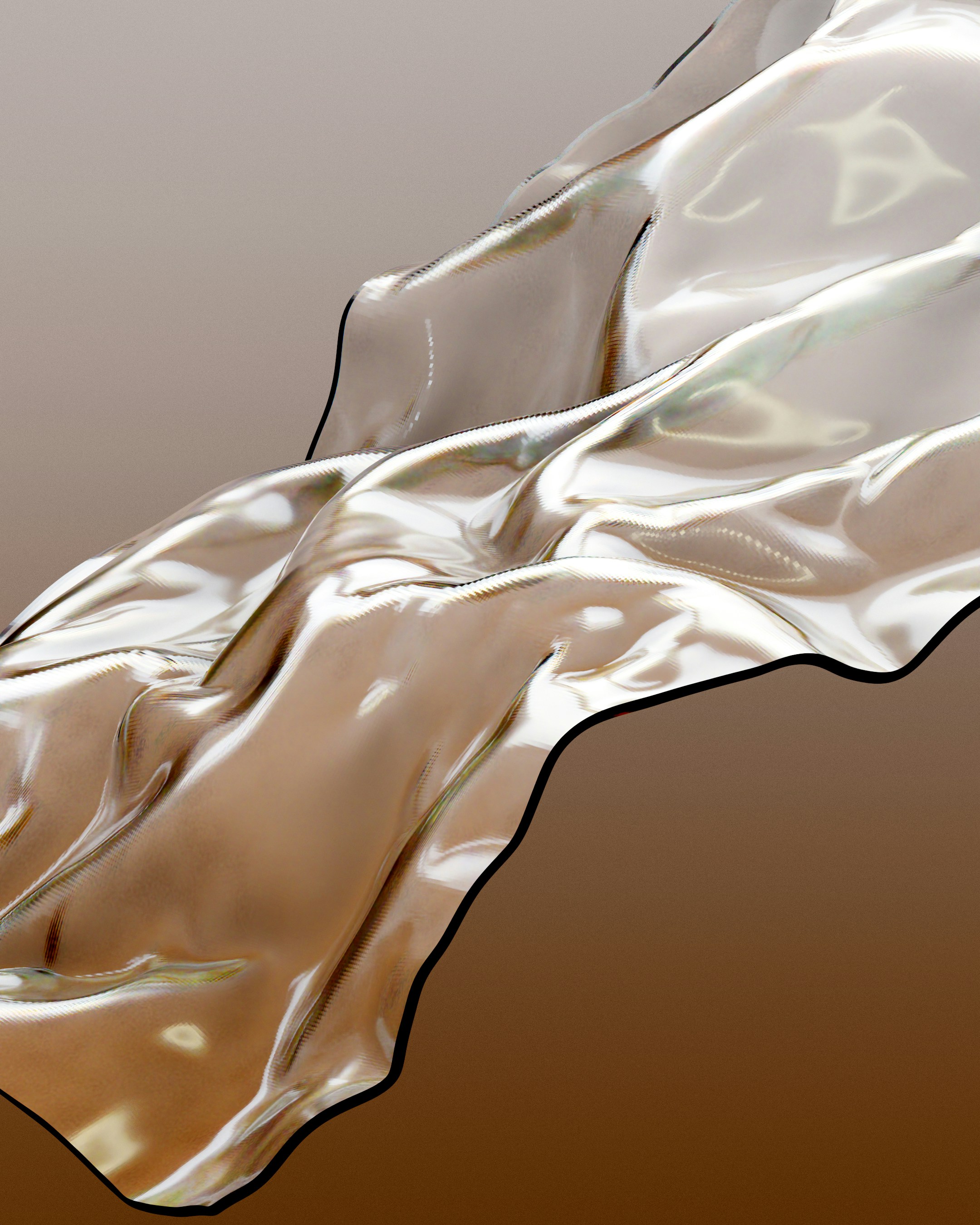 Une feuille fluide de tissu argenté métallique sur un fond brun uni