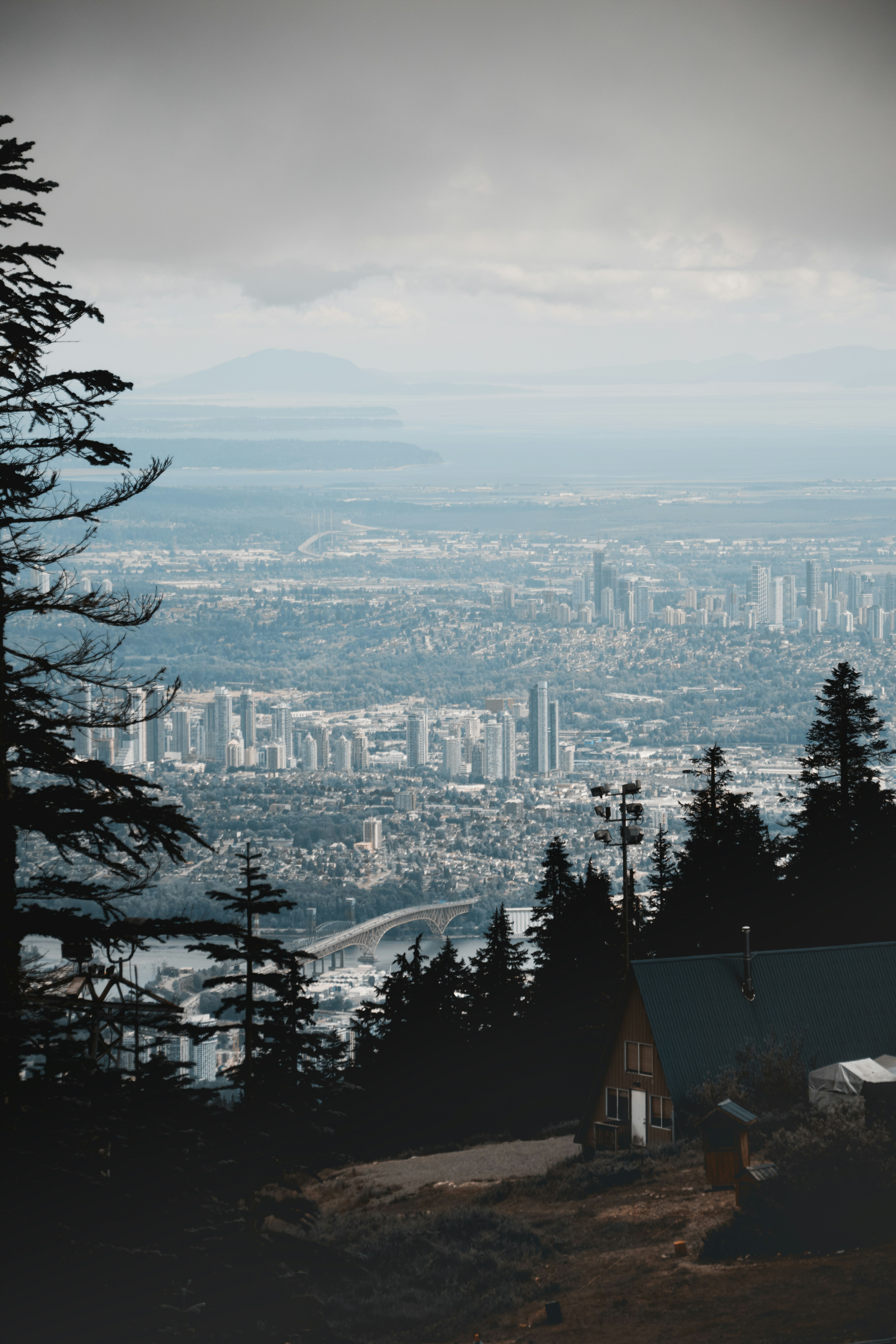 Vue en hauteur sur la silhouette d’une ville et un pont depuis une montagne boisée