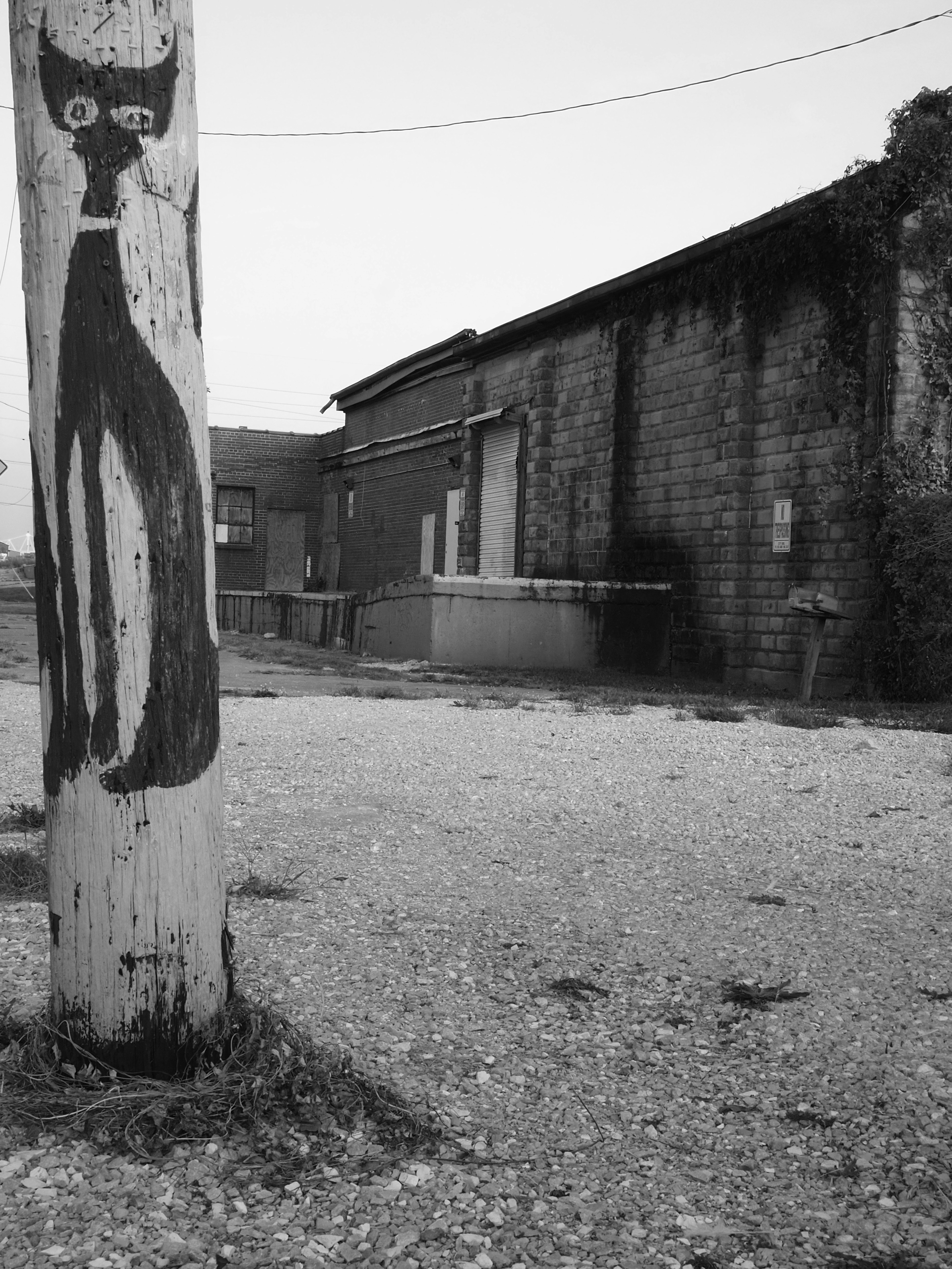 A black cat painted on a wooden utility pole before a brick warehouse