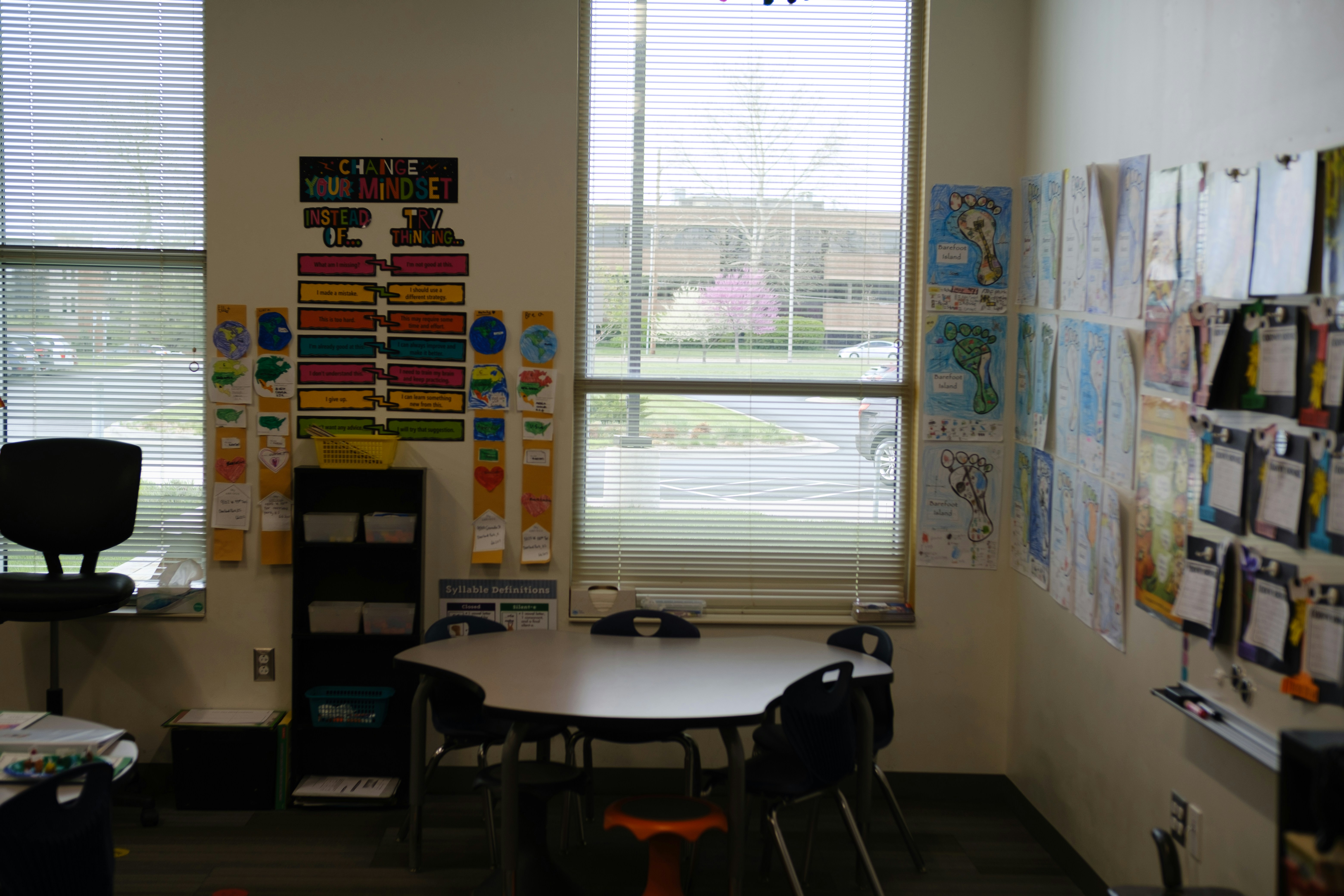 Classroom corner with a kidney-shaped table