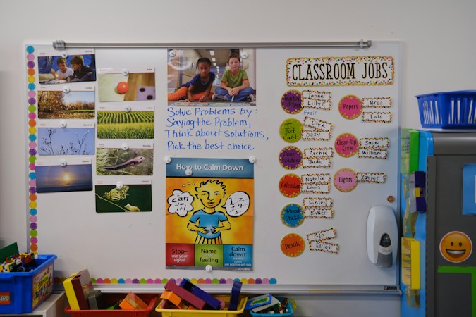 Classroom whiteboard with job charts and student name tags in an elementary school