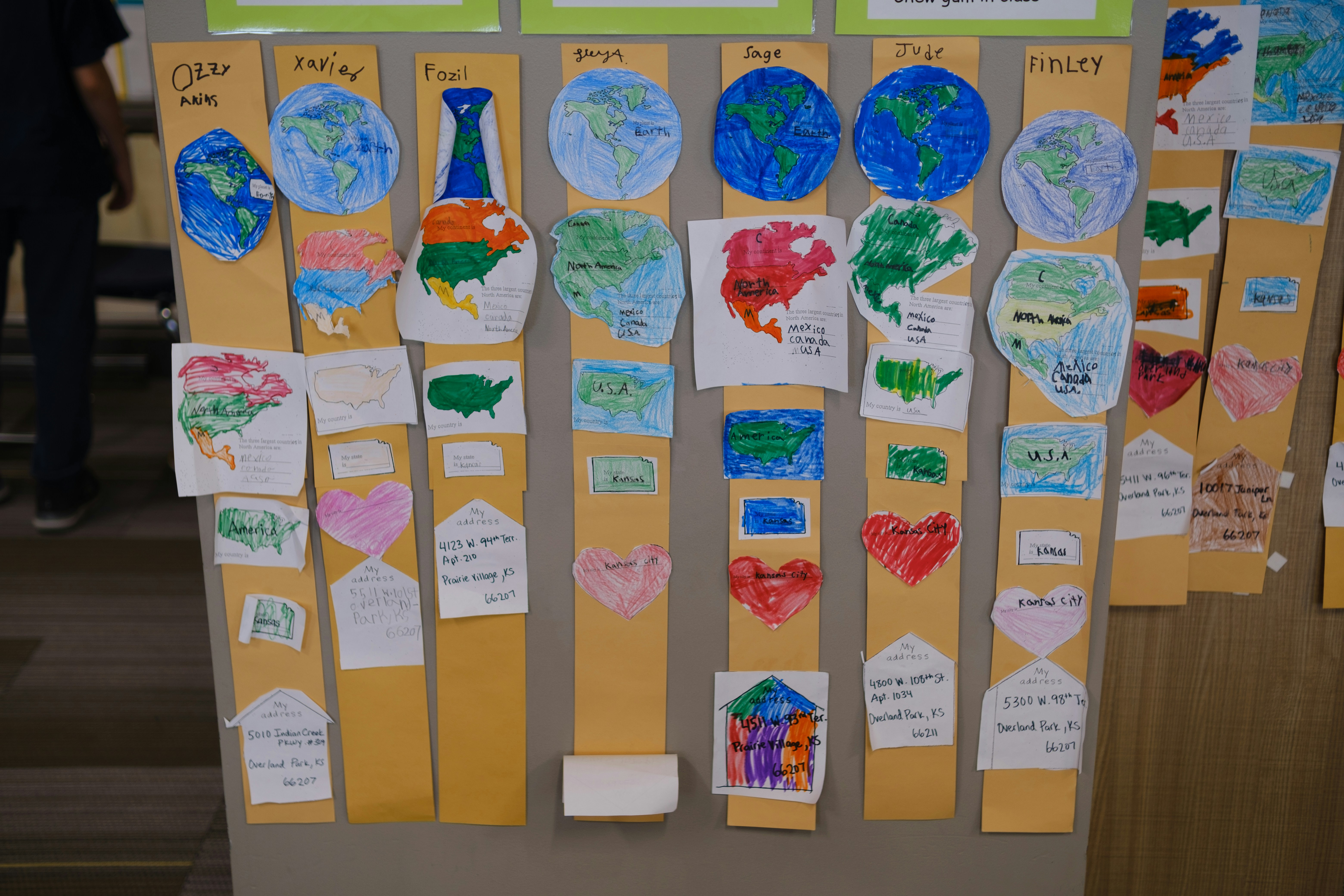 Children's hand-drawn maps and address labels displayed on vertical yellow paper strips