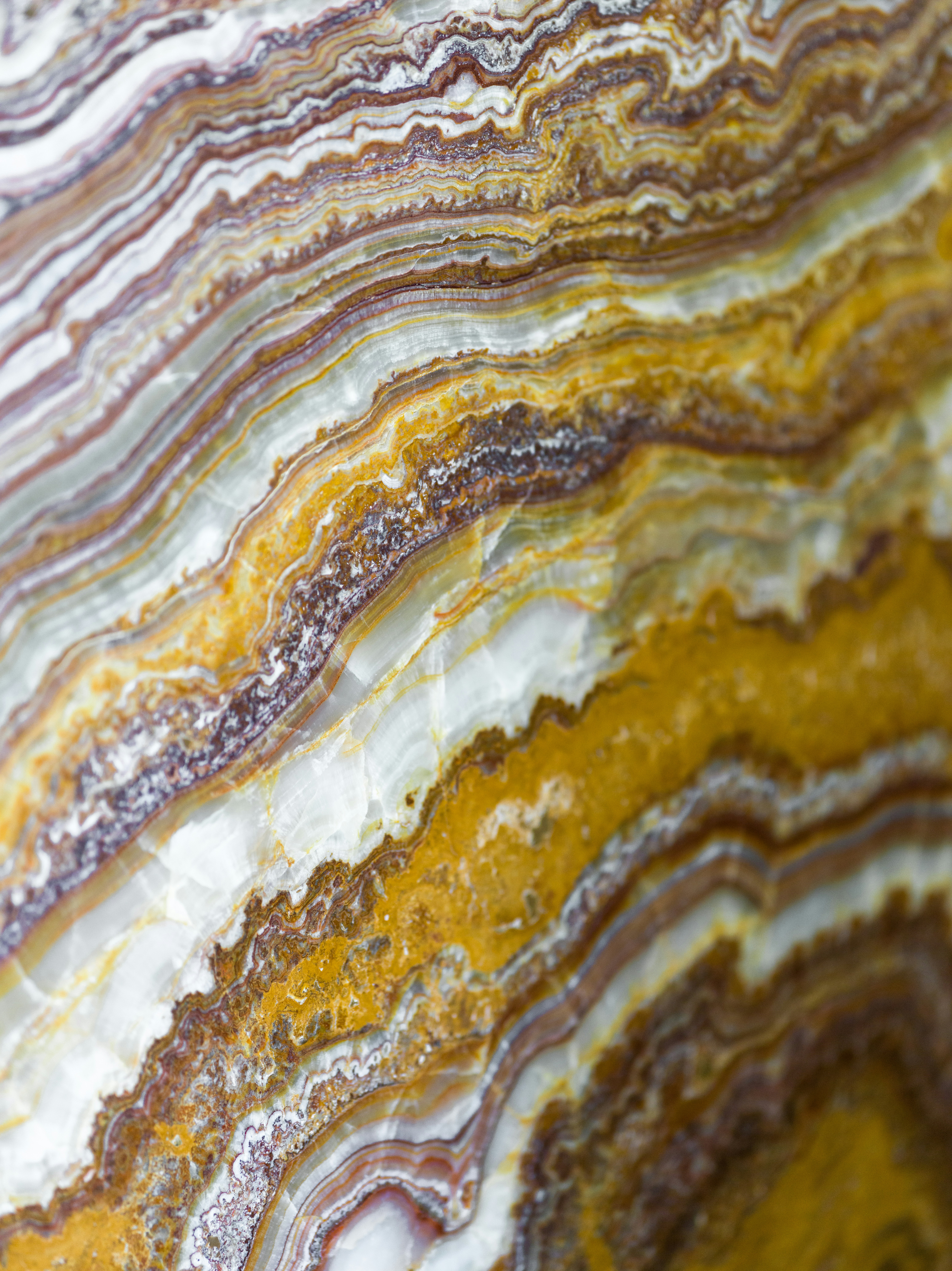 Close-up of polished onyx stone with wavy bands of gold, white, and brown