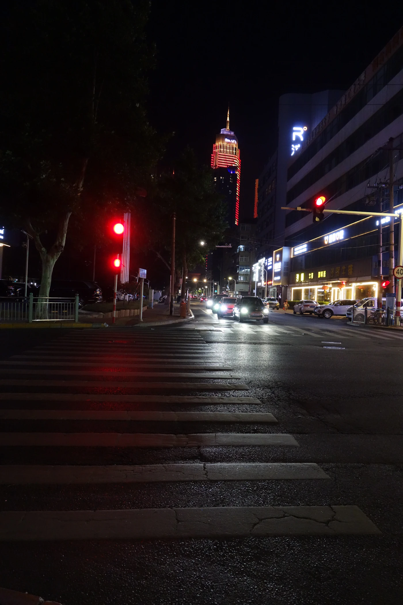 赤い信号の光が浮かぶ、夜の横断歩道