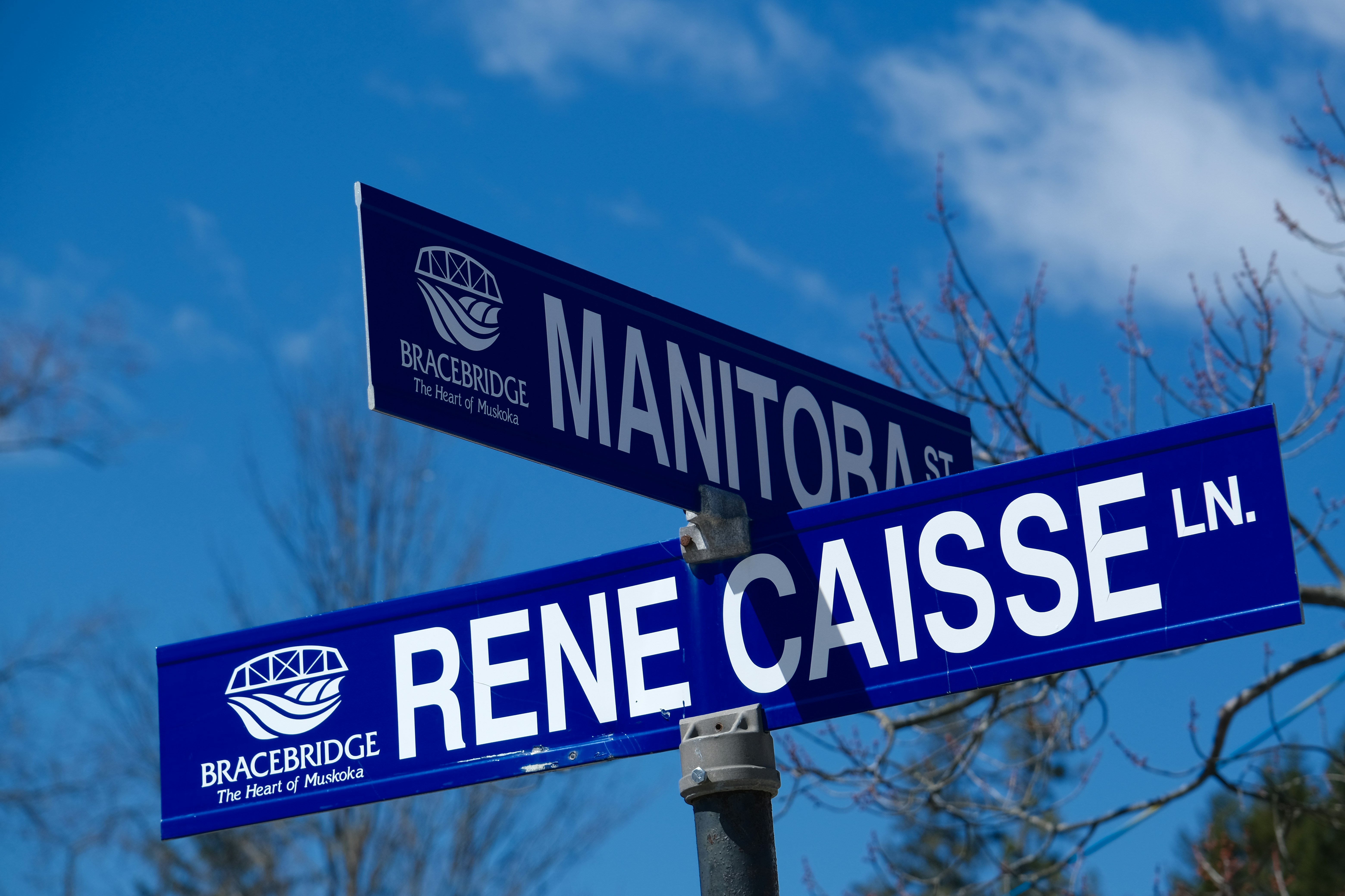 Blue street signs for Manitoba St and Rene Caisse Ln in Bracebridge against blue sky