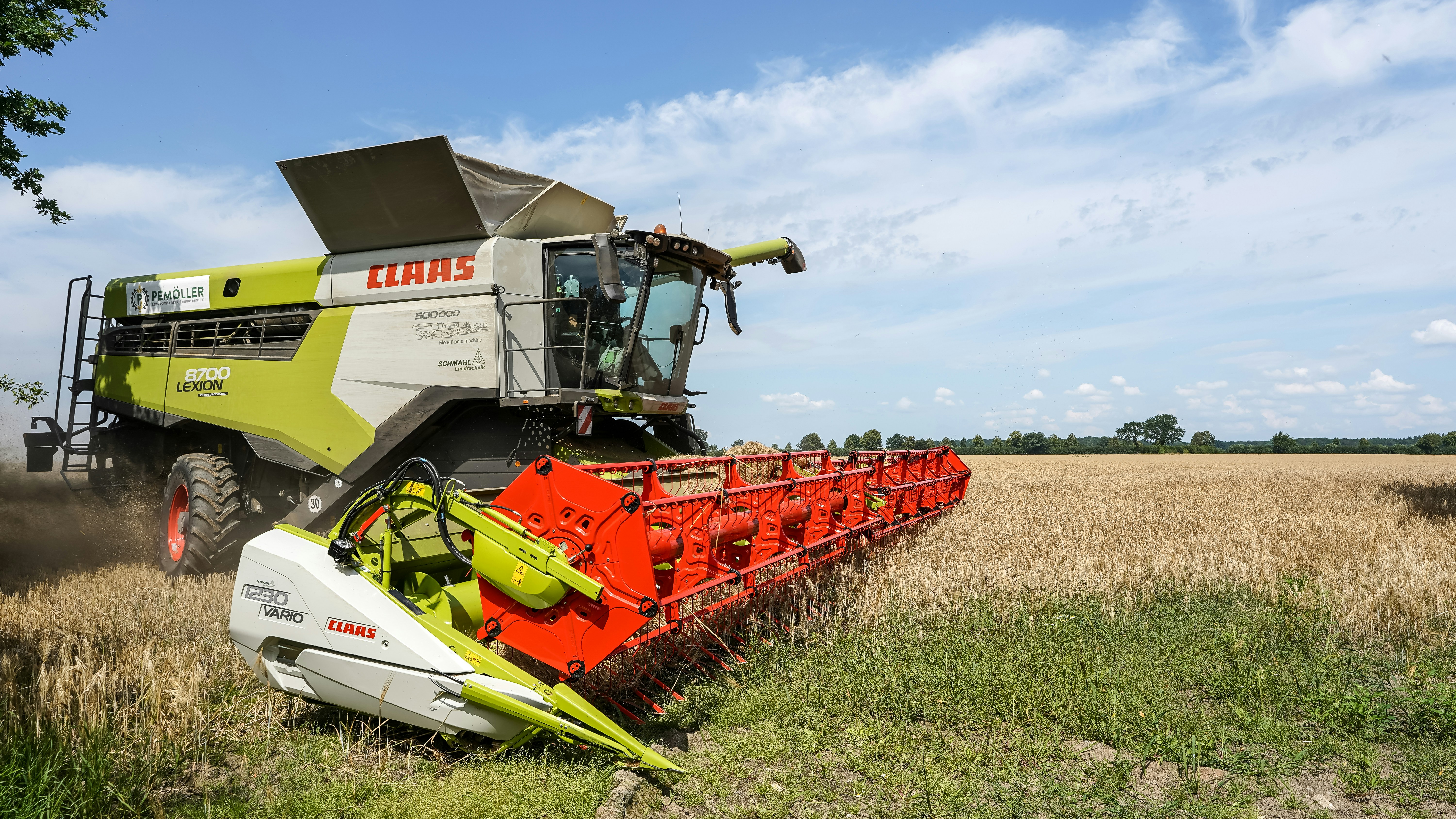 Combine harvester machine harvesting wheat in golden field
