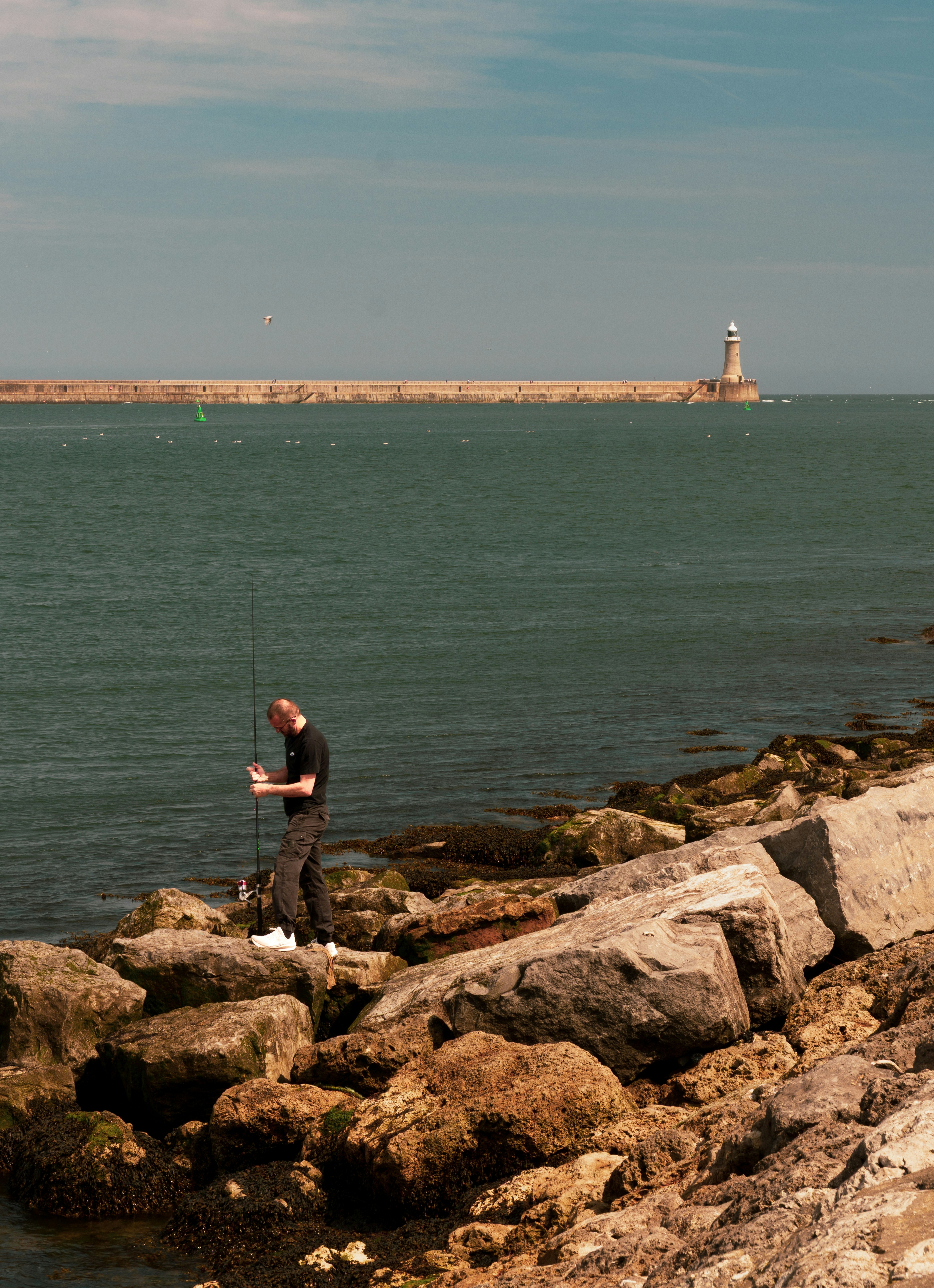 A person fishing from rocky shore with a lighthouse and pier in distance