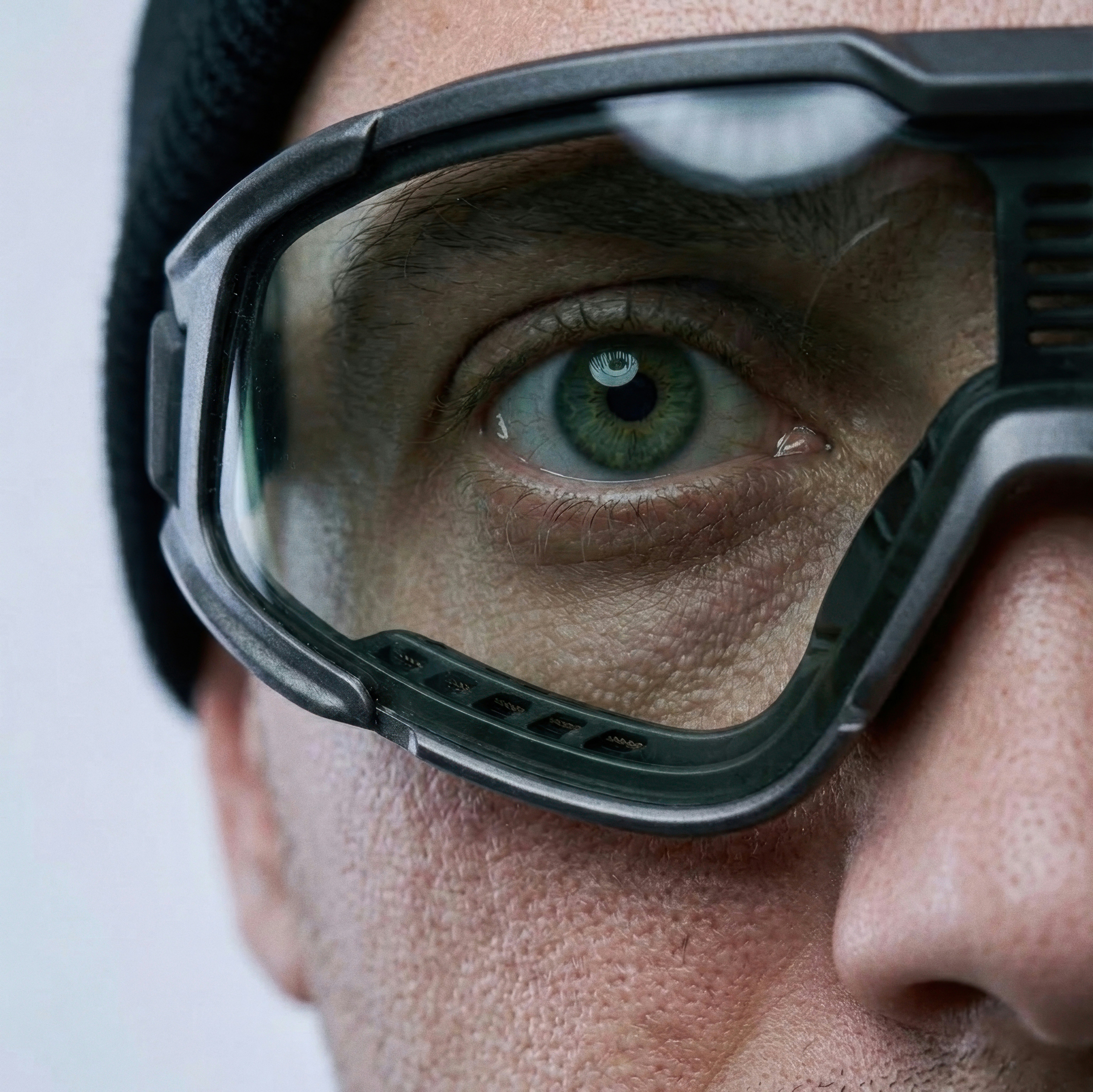 A close-up of a green eye behind protective tactical goggles and a beanie