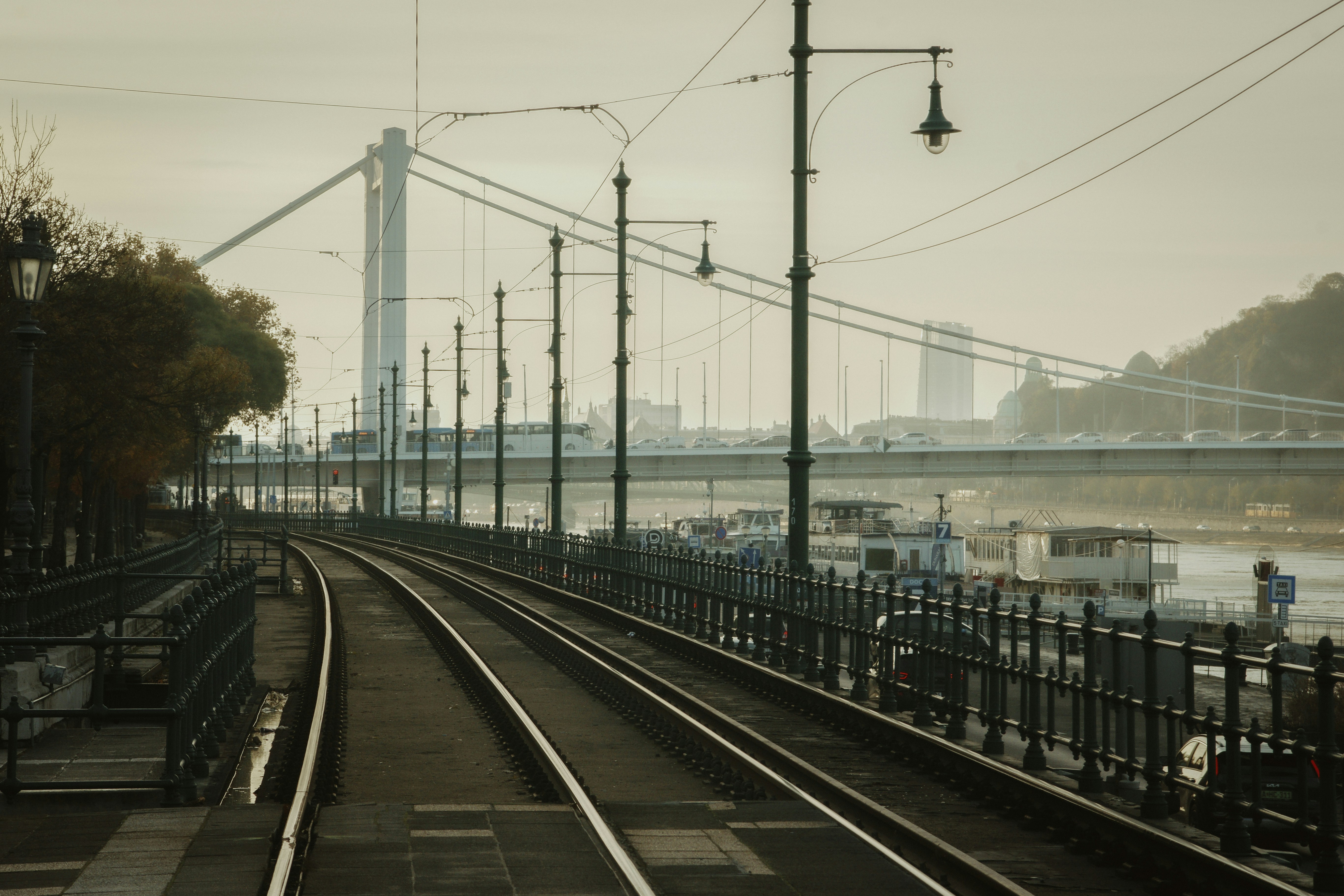 Tram tracks running along the Danube river with the Elisabeth Bridge in Budapest