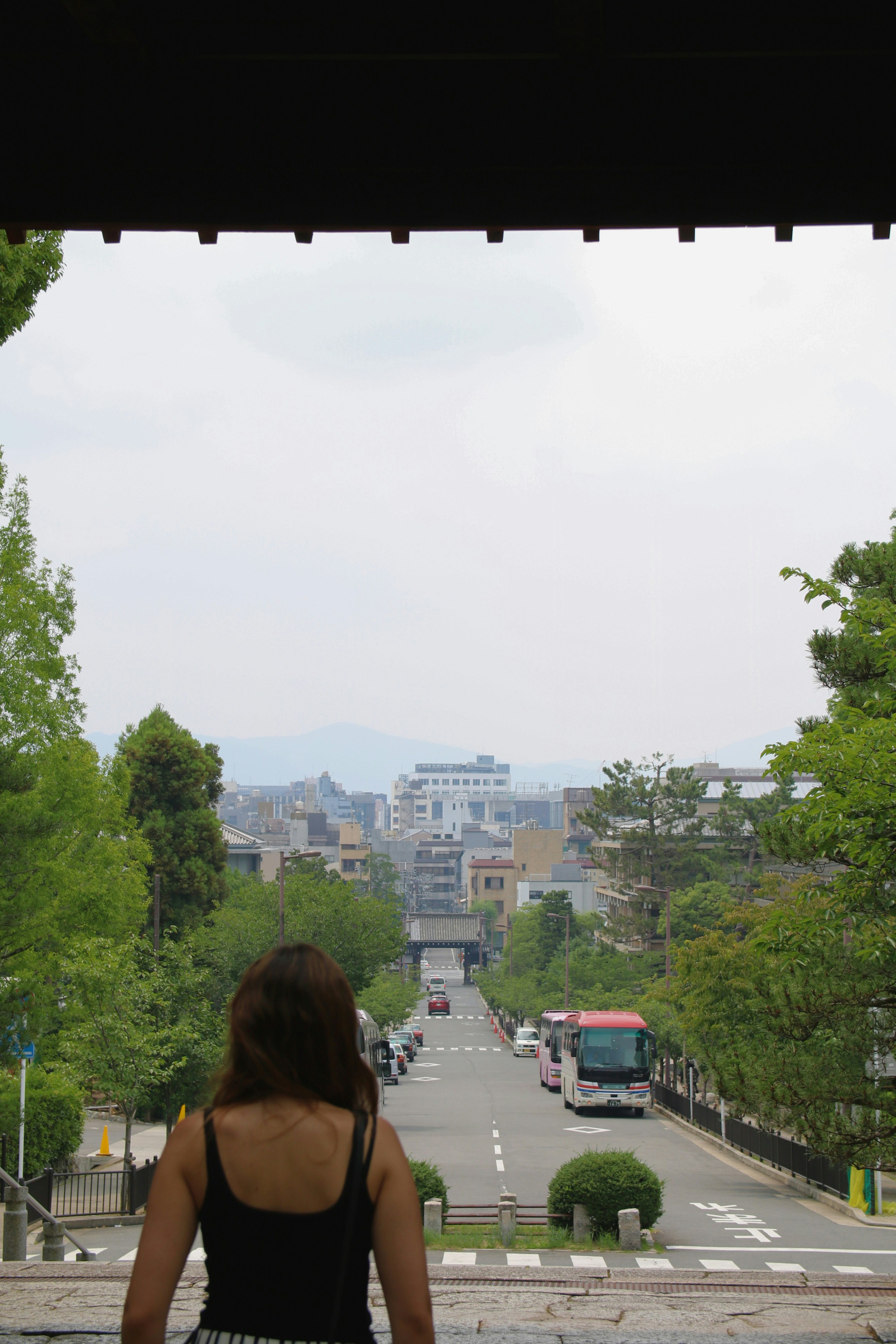 A person looking down a tree-lined street toward a city in Kyoto, Japan