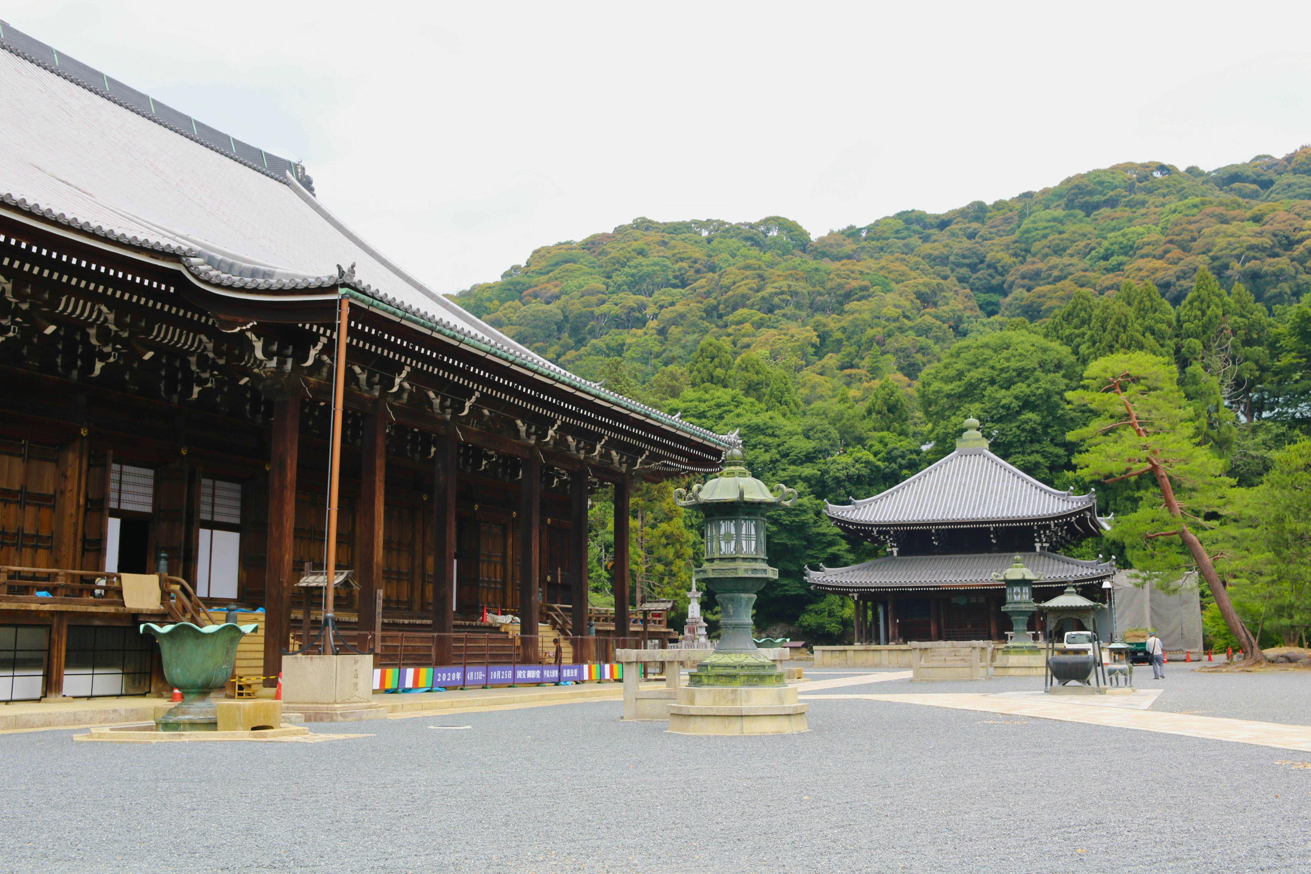 Traditional wooden temple buildings with tiled roofs in a forested mountain setting