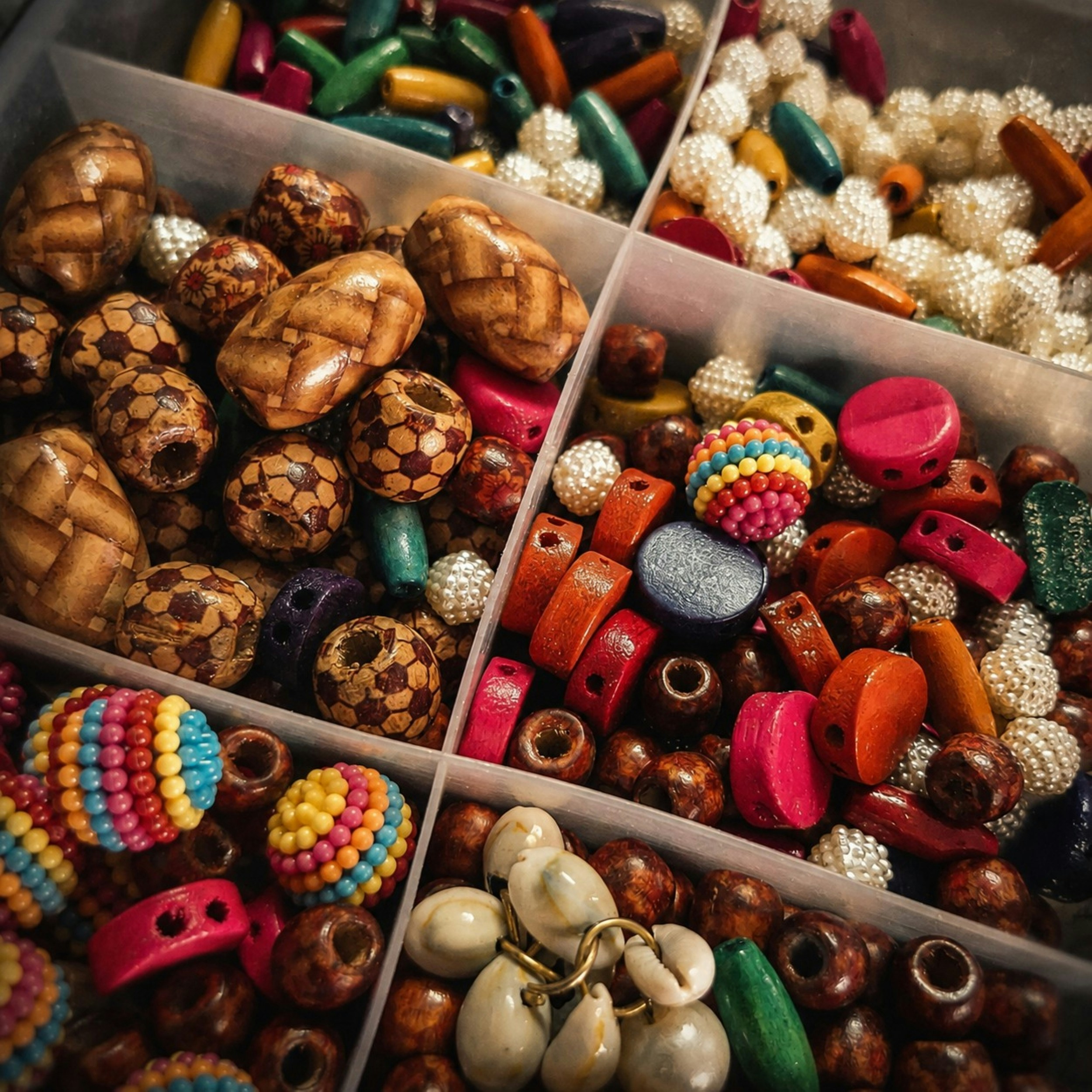 Assorted wooden, plastic, and pearl beads in a divided plastic storage container