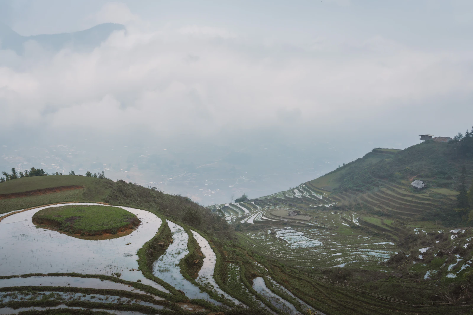 Rice terraces carved into misty green mountains under a cloudy sky