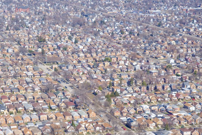 Dense residential neighborhood with many detached homes viewed from above, representing the more than 10,000 Southern Nevada listings without offers