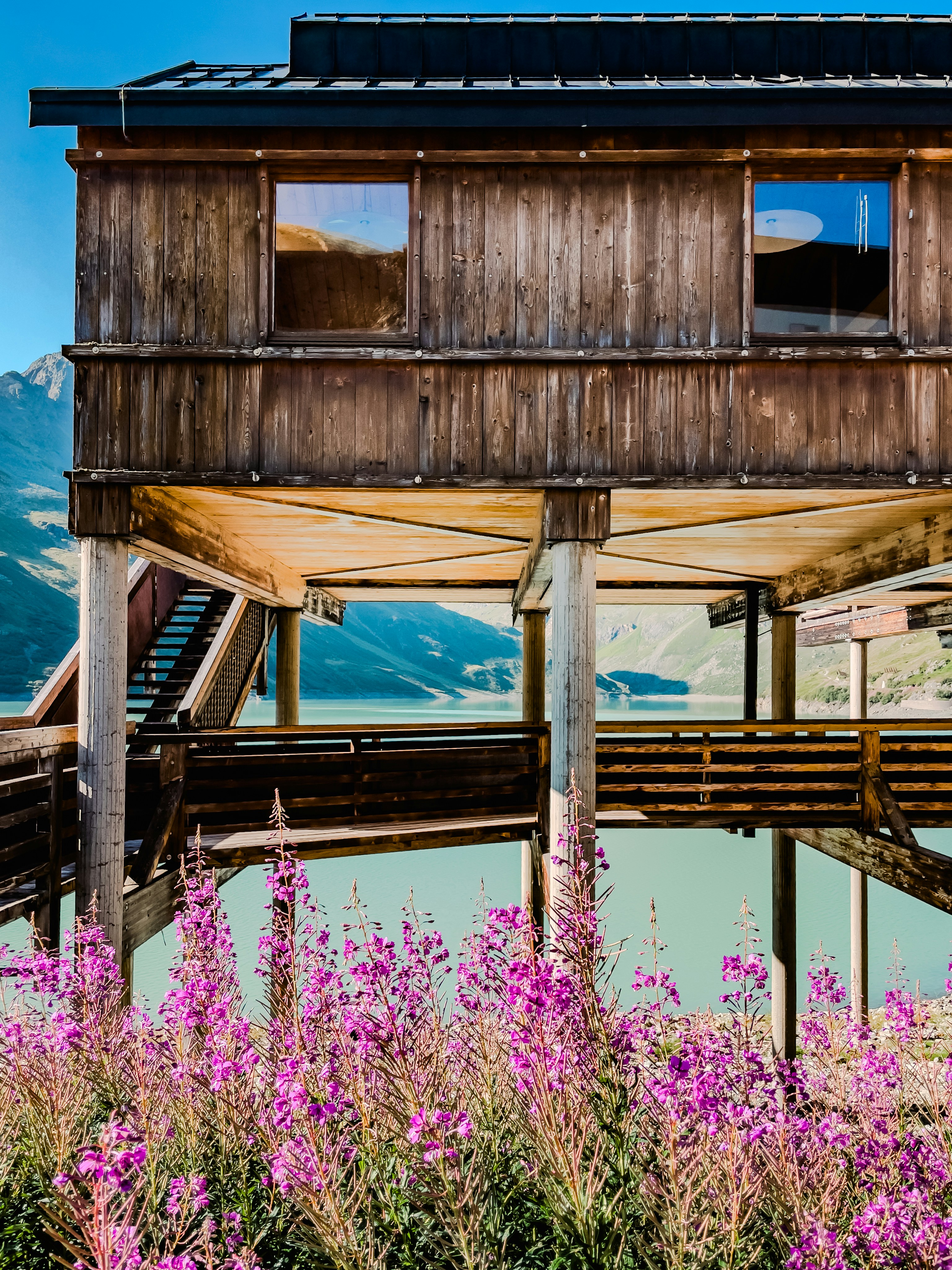A rustic wooden cabin on stilts above a turquoise lake with purple wildflowers