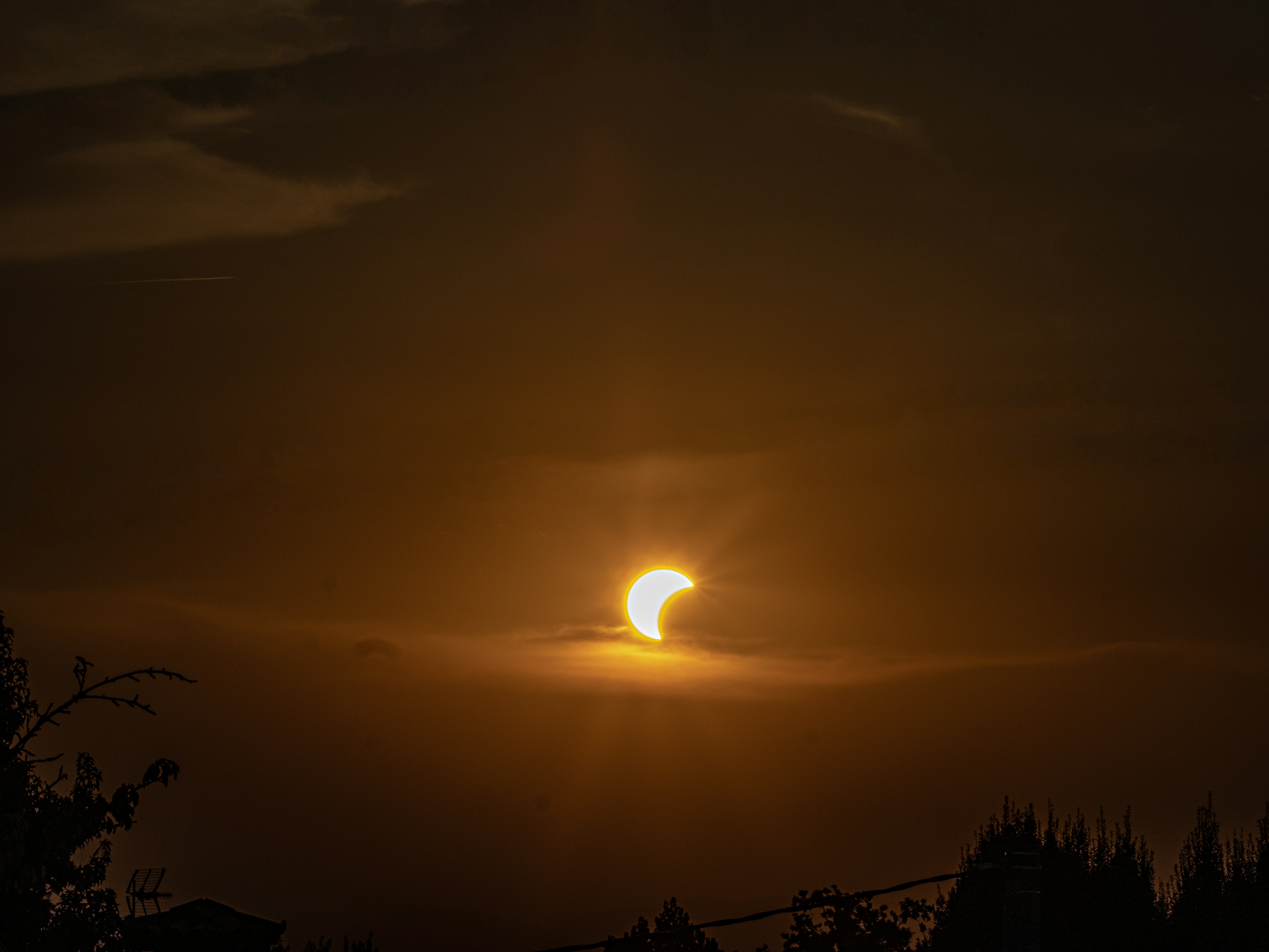 A partial solar eclipse in a dark orange sky above silhouetted trees