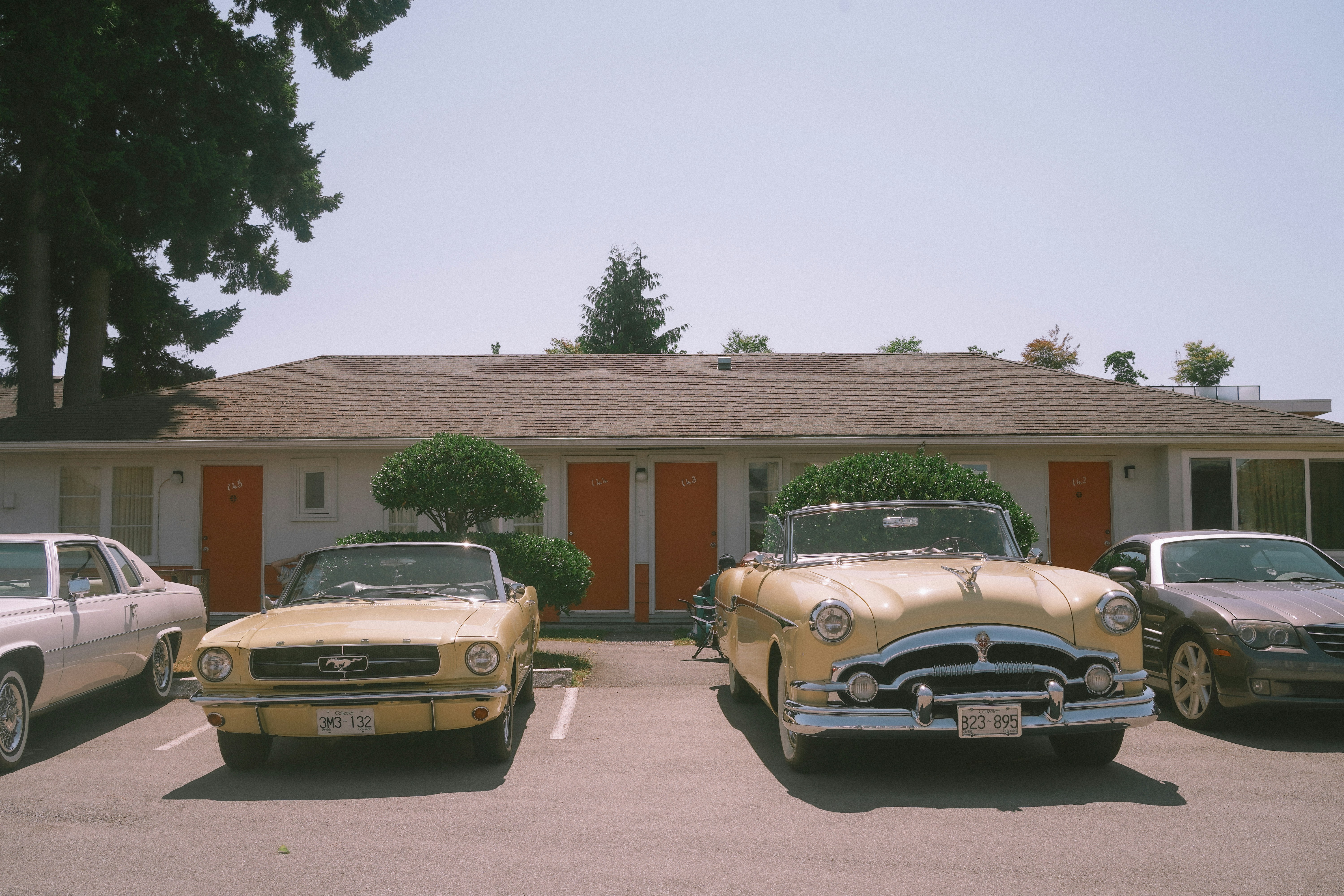 Two vintage yellow convertibles parked in front of a motel with orange doors