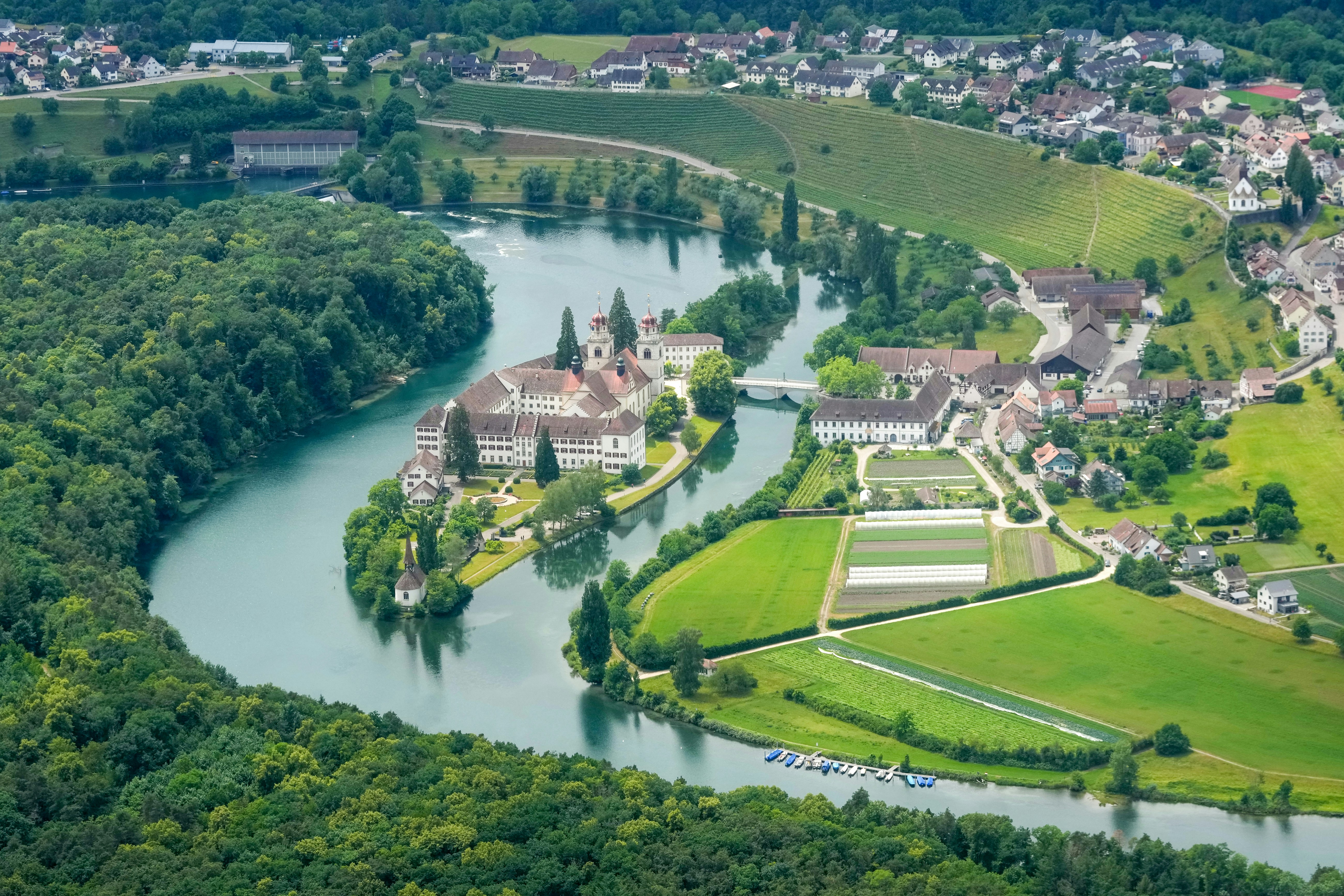Aerial view of Rheinau Abbey on an island in the Rhine river in Switzerland