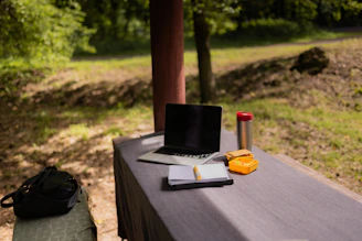 A laptop, notebook, and snacks on a table in a sunlit forest clearing