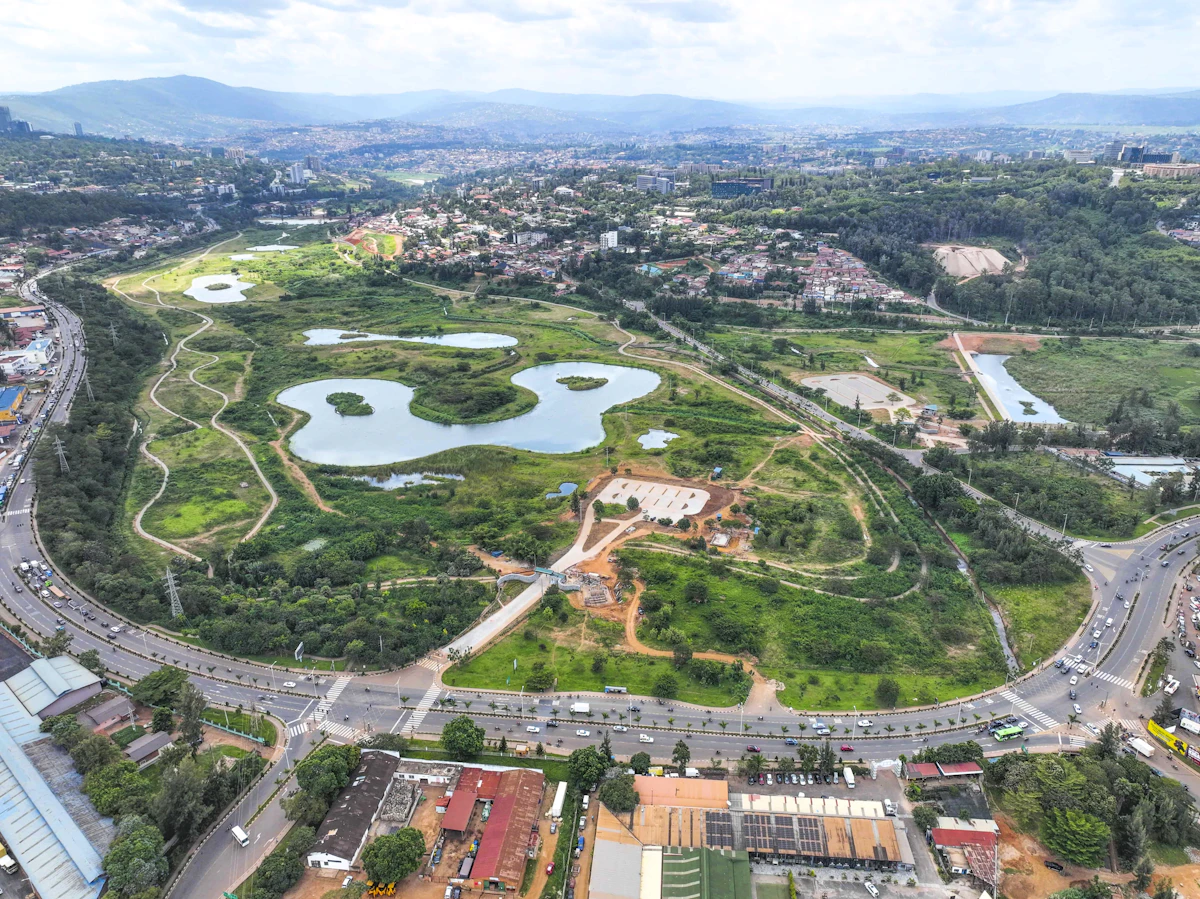 Aerial view of Nyandungu Eco-Park and the hills of Kigali, Rwanda