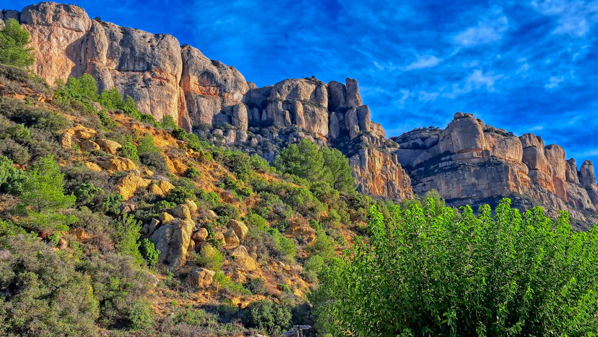 Rocky limestone cliffs above wooded hills in the Priorat